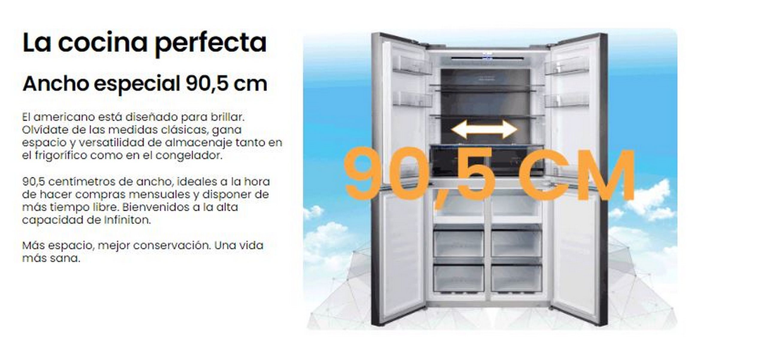 Refrigerador abierto con amplio interior. Texto en español destaca su capacidad de almacenamiento.
