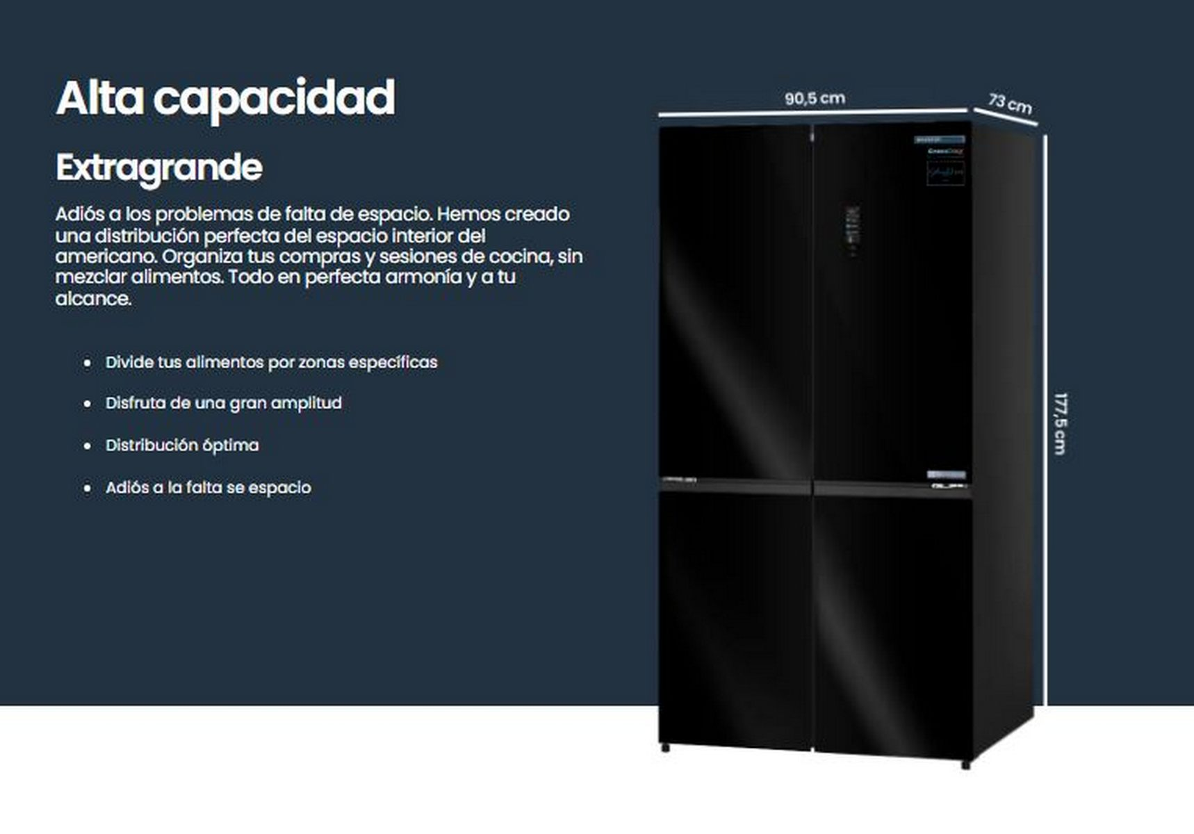 Un refrigerador negro con texto en español. Fondo blanco.