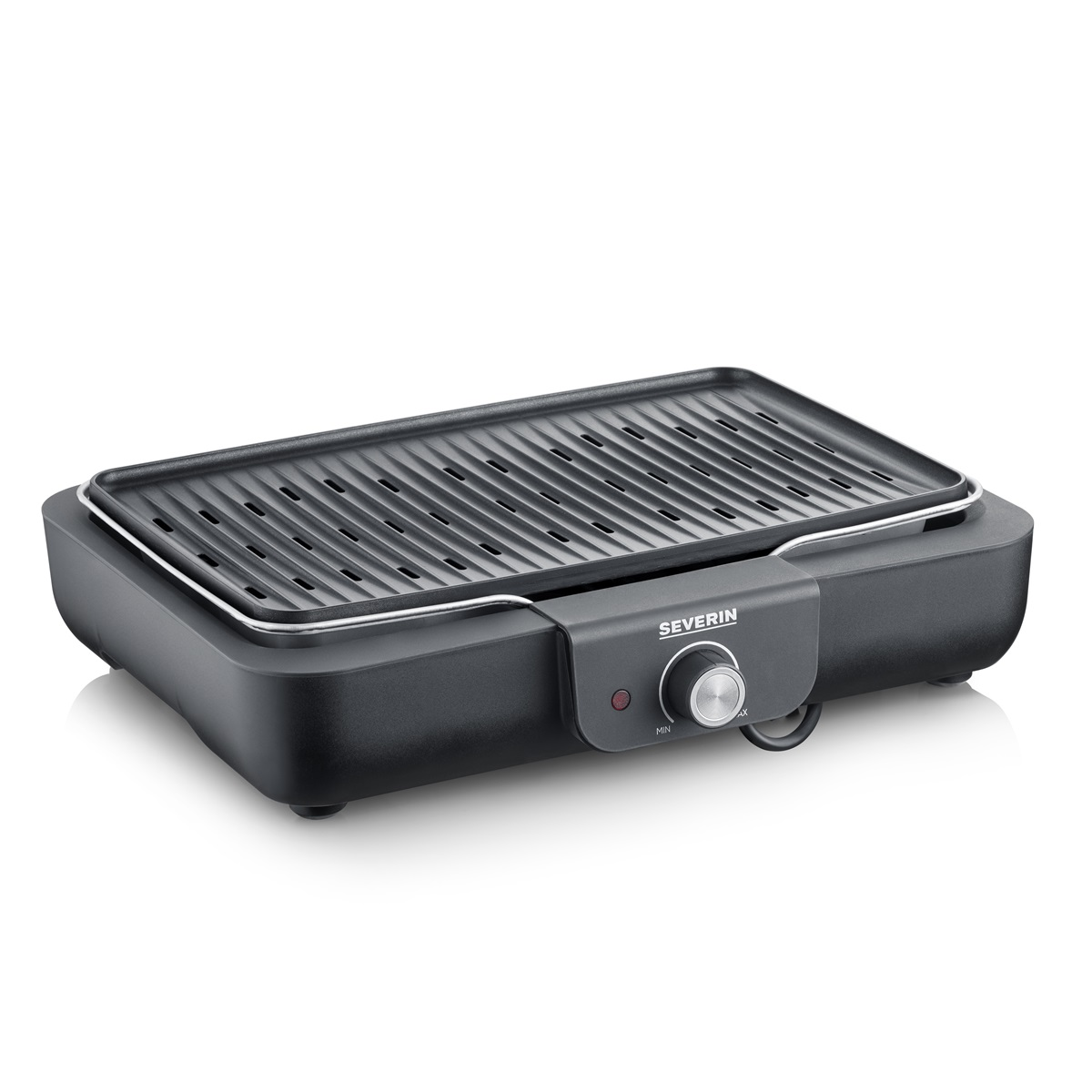 A black electric grill with a SEVERIN logo. It sits on a dark base with a dial.