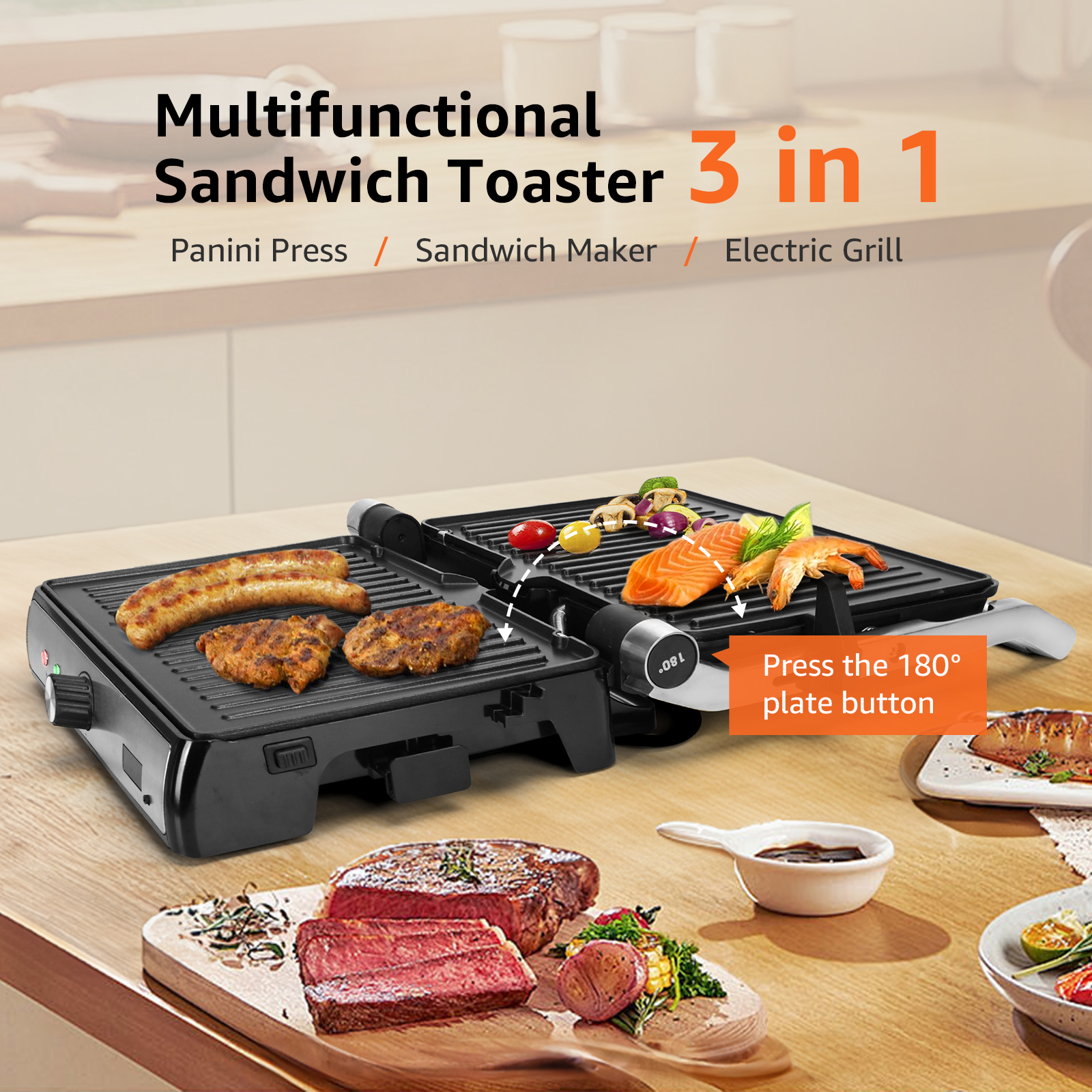 Multifunktionaler Sandwich-Toaster mit Essen. Enthält Panini-Presse, Maker und Grill.