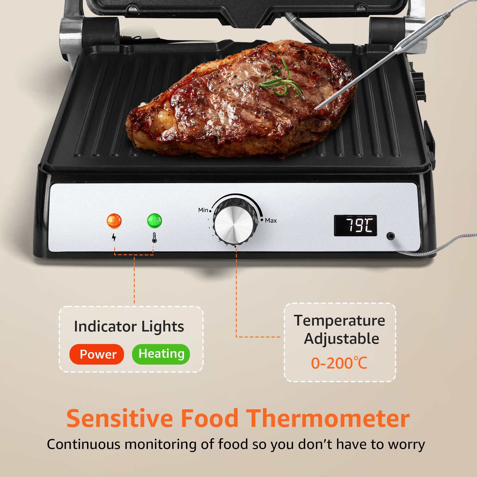 Grill mit Steak. Bedienfeld mit Lichtern, Drehknopf und Thermometer.