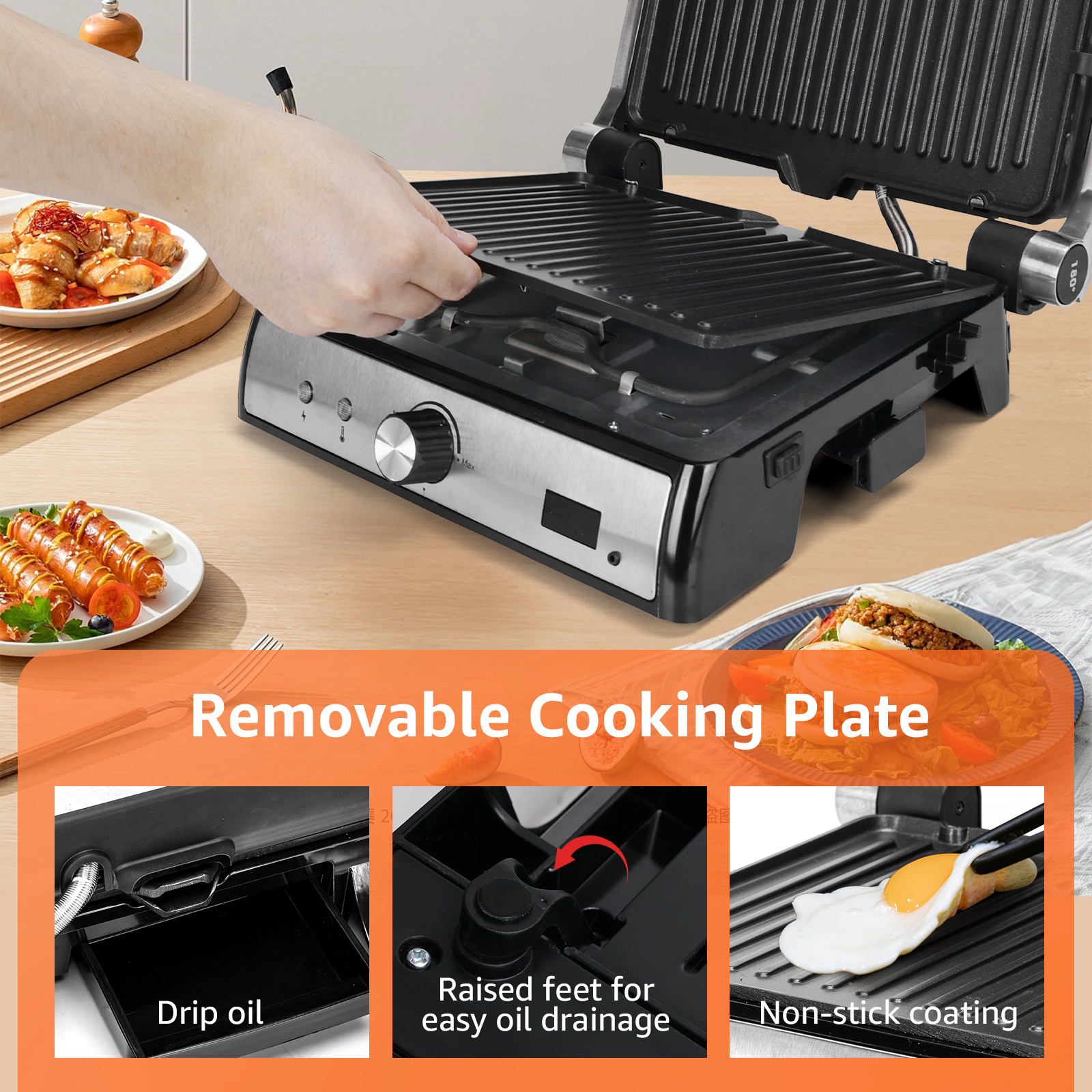Grill mit herausnehmbaren Kochplatten, Ölablauf und Antihaftbeschichtung, auf Holzoberfläche.