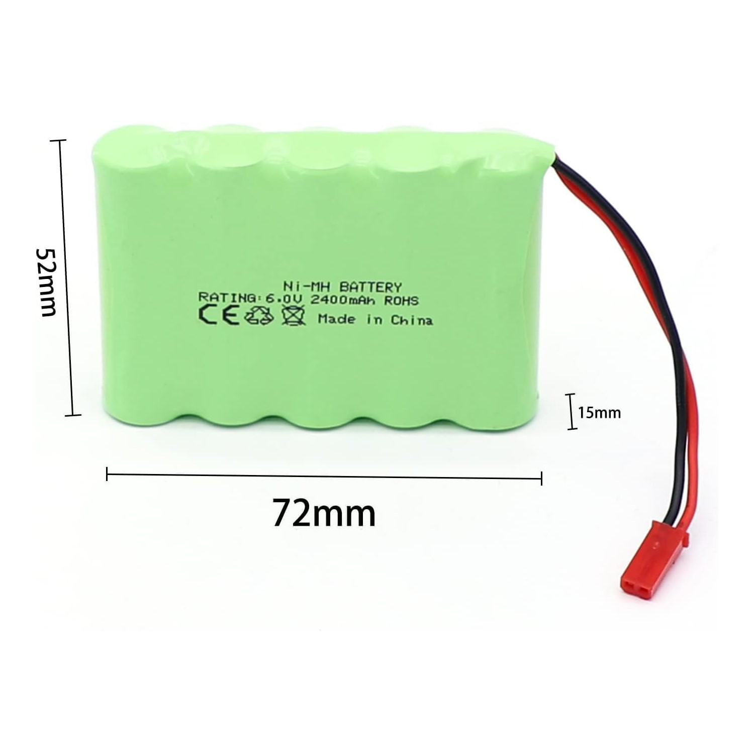 Ein grünes Batteriepack mit Beschriftung und Abmessungen, vor weißem Hintergrund.