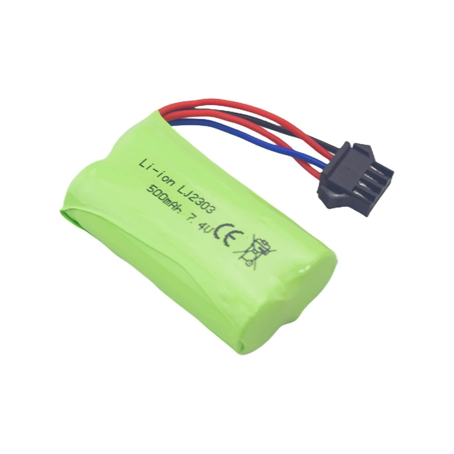 Eine grüne Li-Ionen-Batterie mit schwarzen, roten und blauen Drähten, die an einen schwarzen Stecker angeschlossen sind.