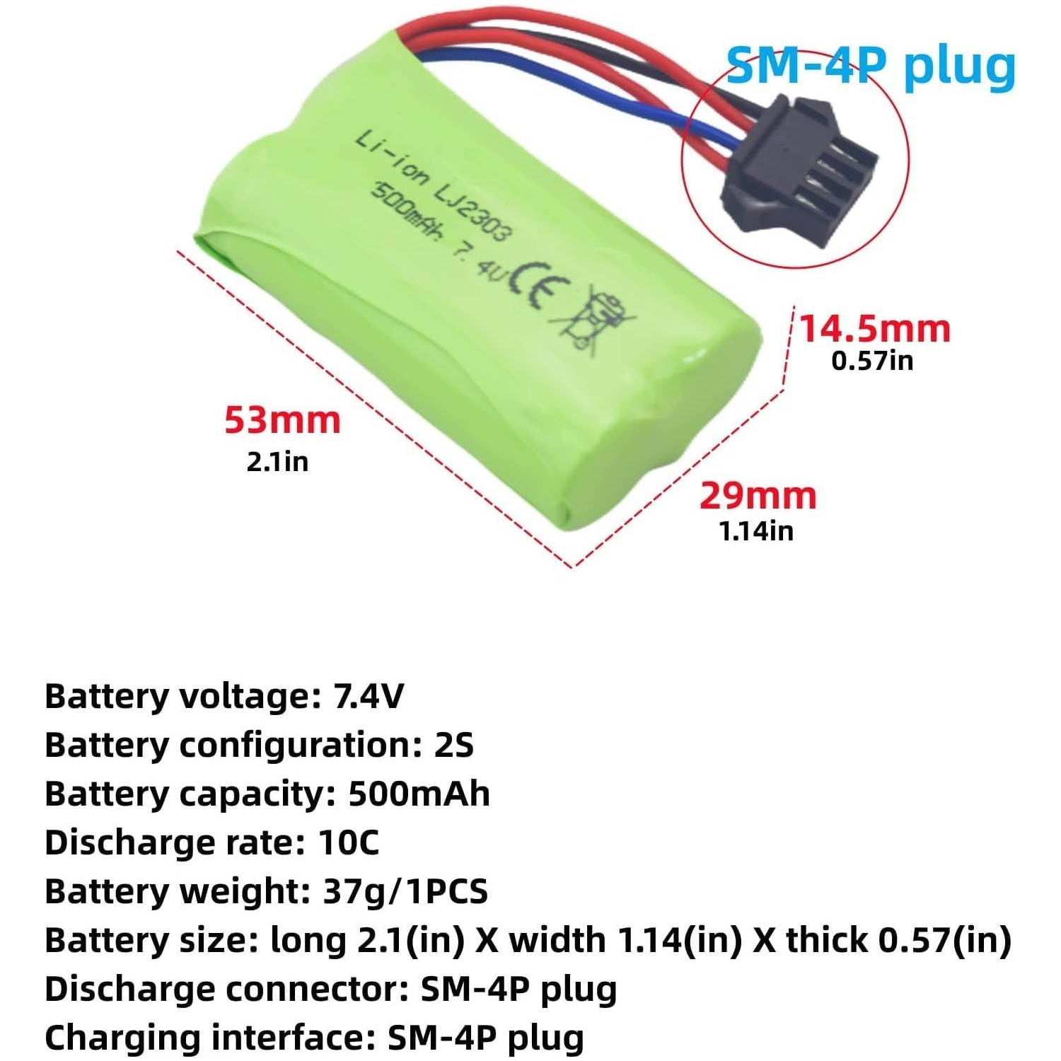 Grüne Batterie. Textdetails zu Abmessungen, Spannung, Kapazität, Entladerate und Anschlusstyp.