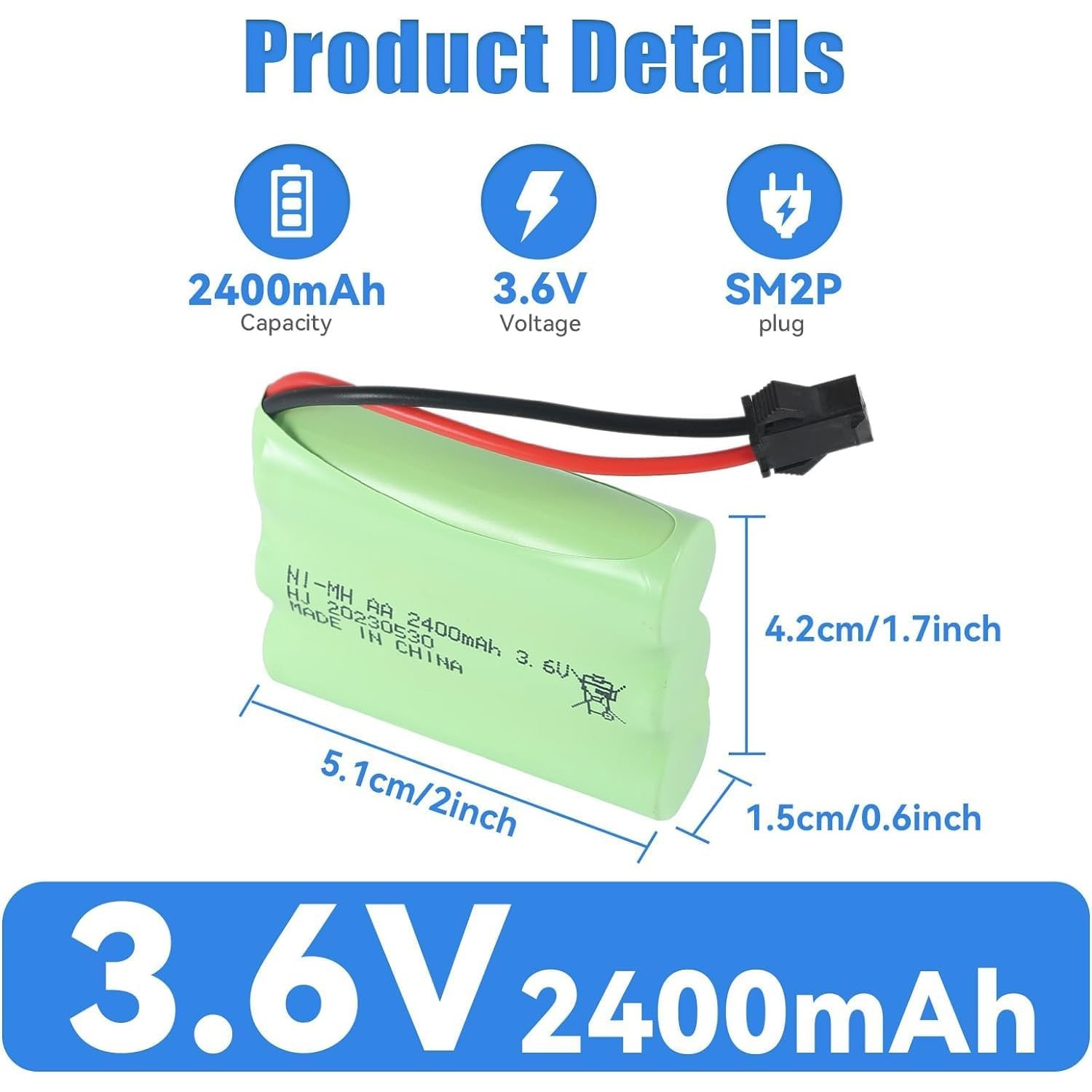 Eine grüne Batterie mit schwarzen und roten Drähten vor weißem Hintergrund. Text zeigt Kapazität, Spannung und Stecker.