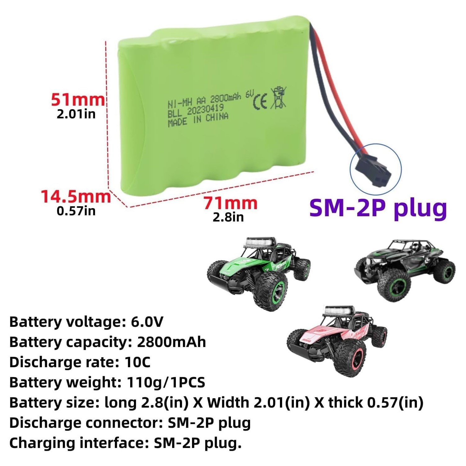 Ein grüner Akku mit Spezifikationen und drei kleinen Spielzeugautos. Text erwähnt Batteriespannung, Kapazität und Größe.