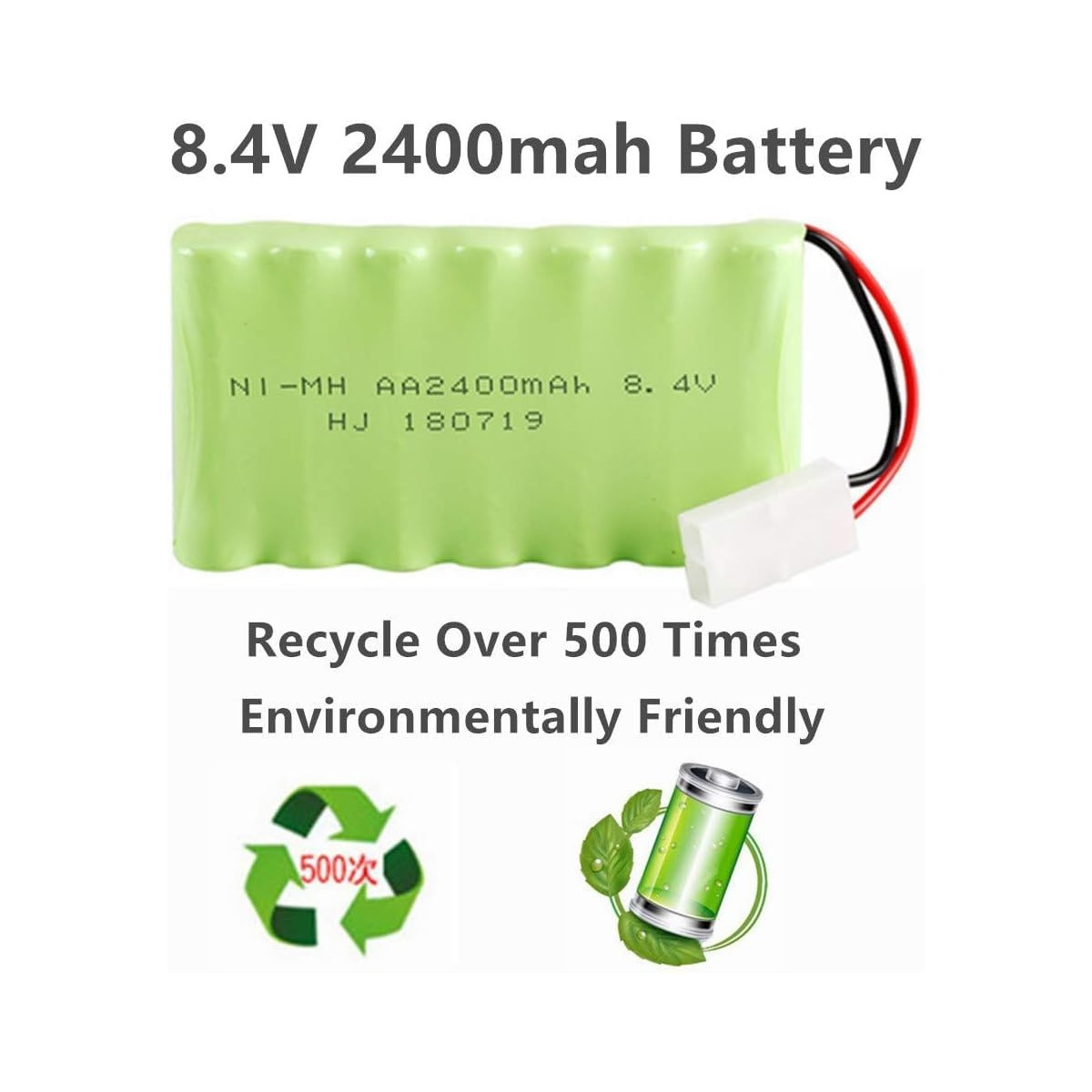 Grüne Batterie mit Etiketten und Text: 'Recycle Over 500 Times, Environmentally Friendly' mit Symbolen.