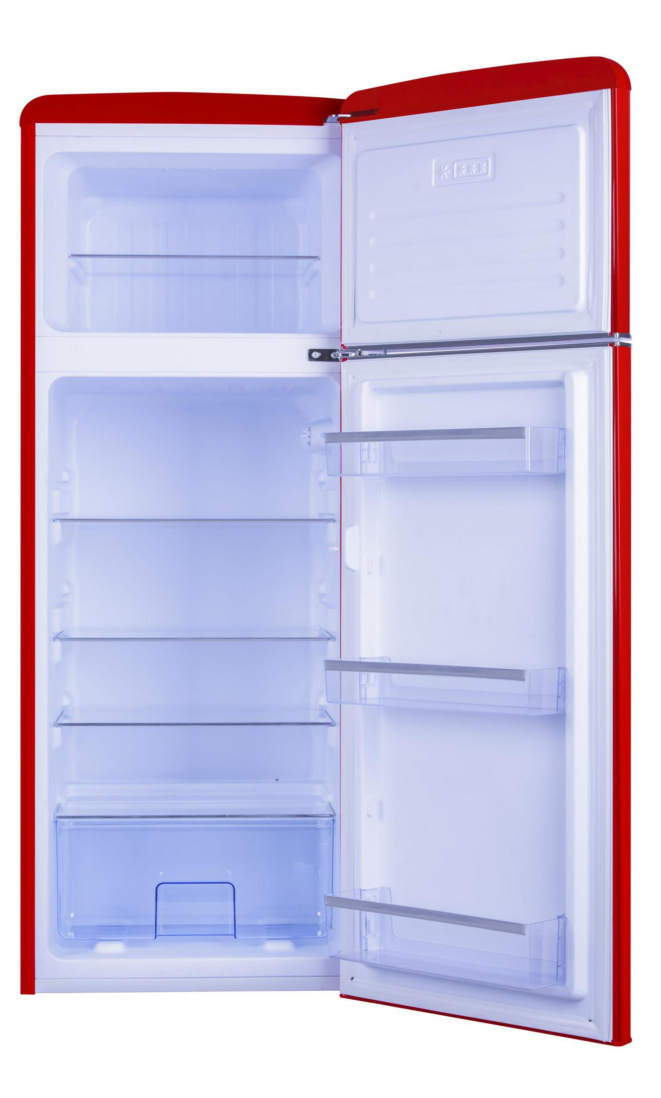 Roter Kühlschrank mit offener Tür, die Regale, Schubladen und Innendetails zeigt.