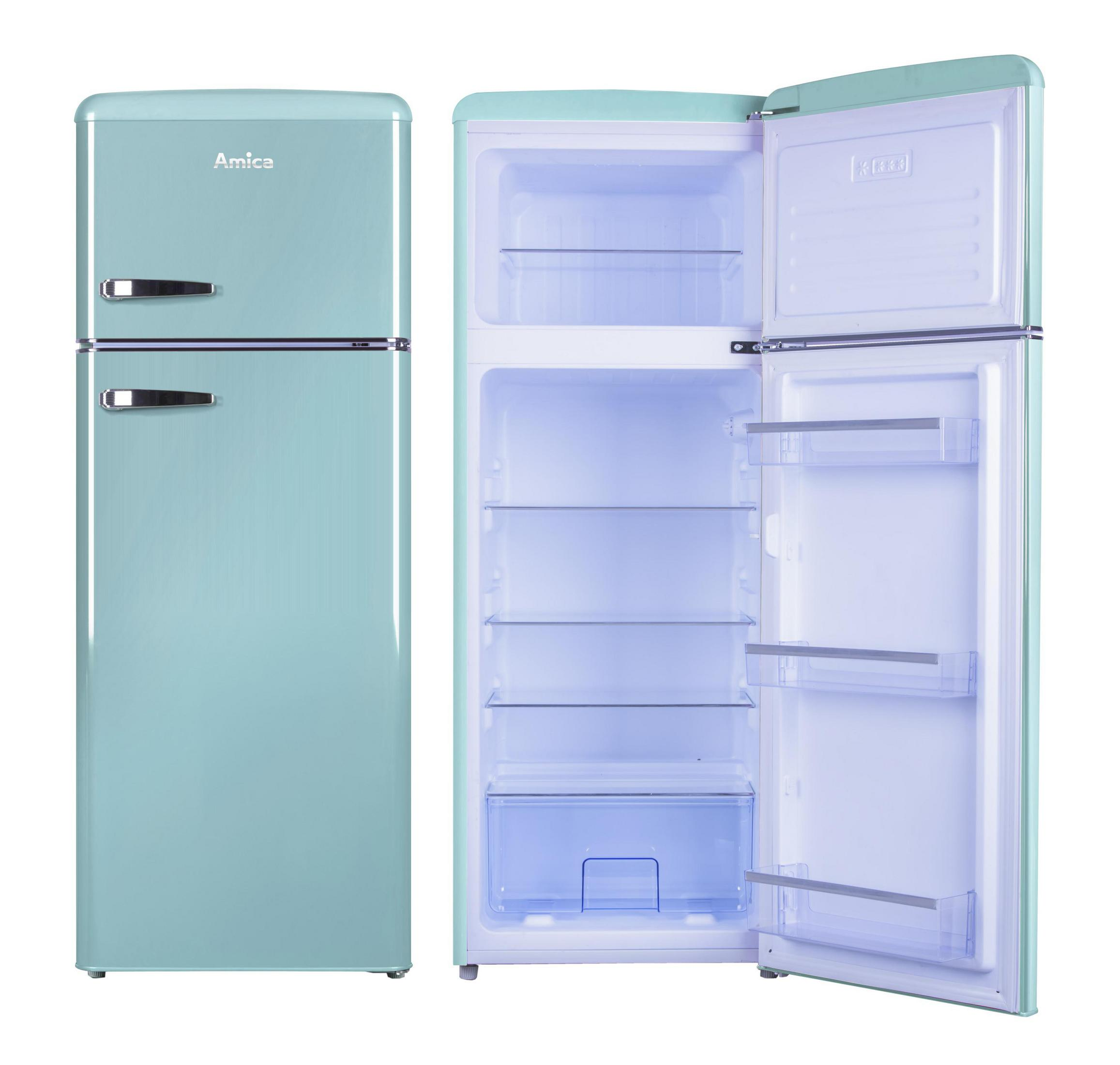 Zweitüriger, mintgrüner Kühlschrank mit geöffneten und geschlossenen Türen.