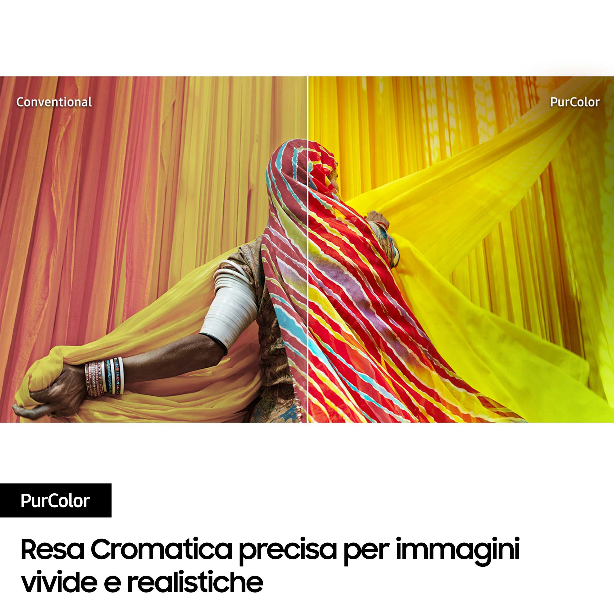 Obraz porównawczy: konwencjonalny vs. PurColor. Pokazano kobietę w kolorowych ubraniach. PurColor jest żywy.