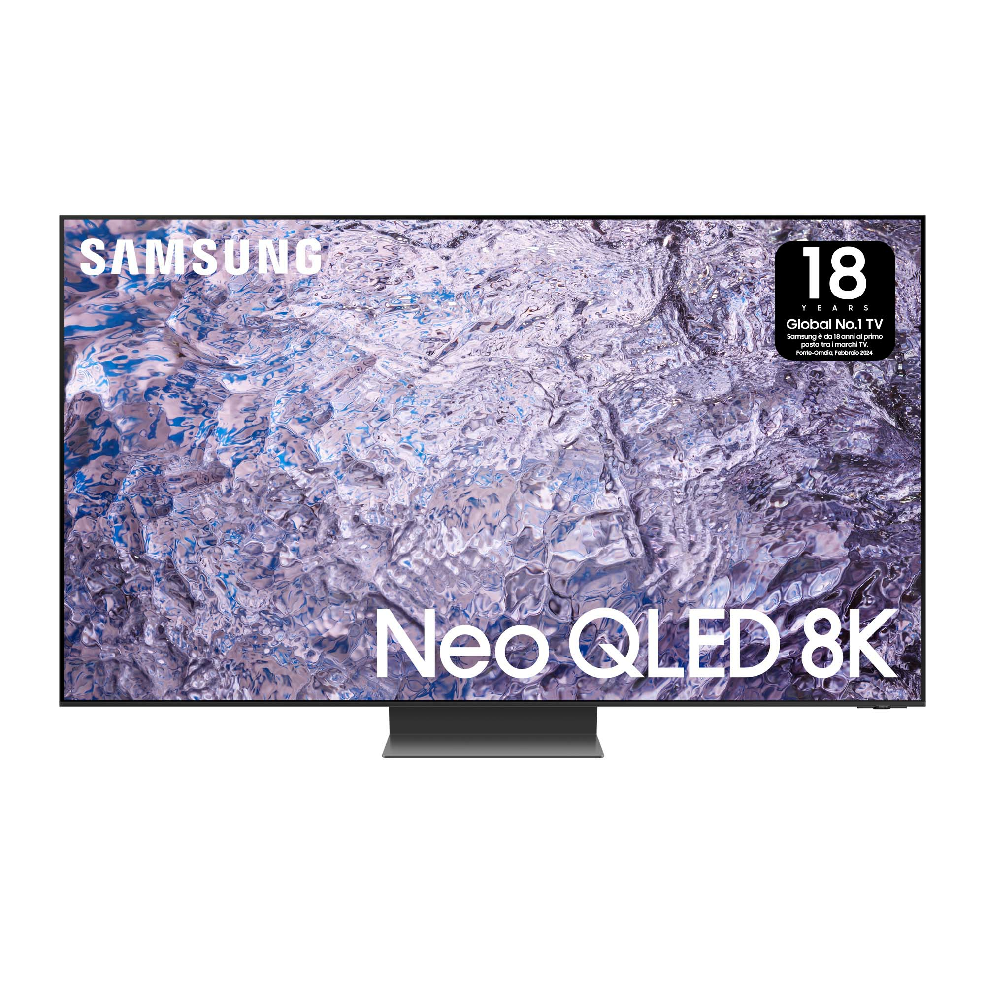 Duży telewizor z logo SAMSUNG i marką Neo QLED 8K. Posiada podstawę.