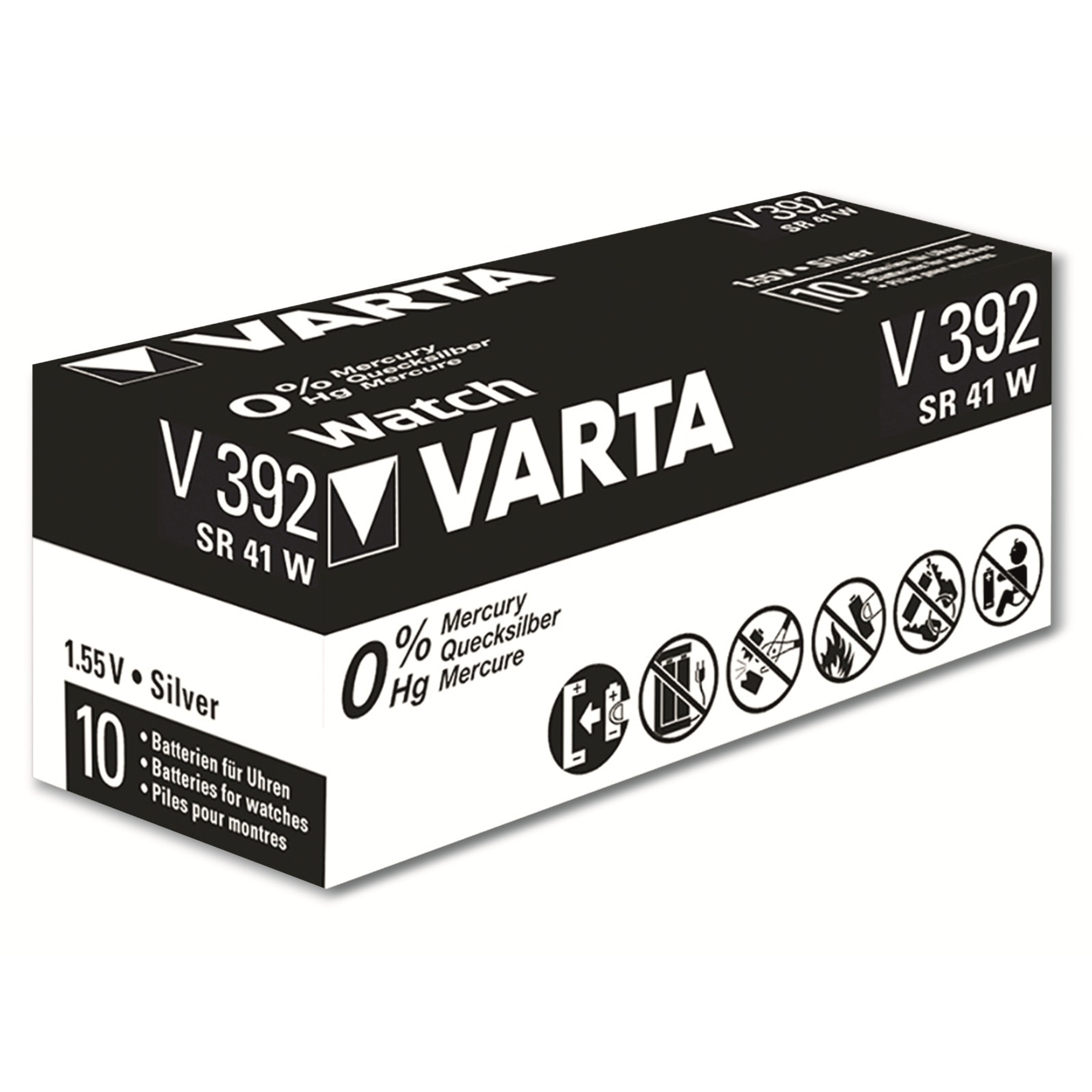 Varta V392 SR41W Uhrenbatterie-Box. Weißer Hintergrund.