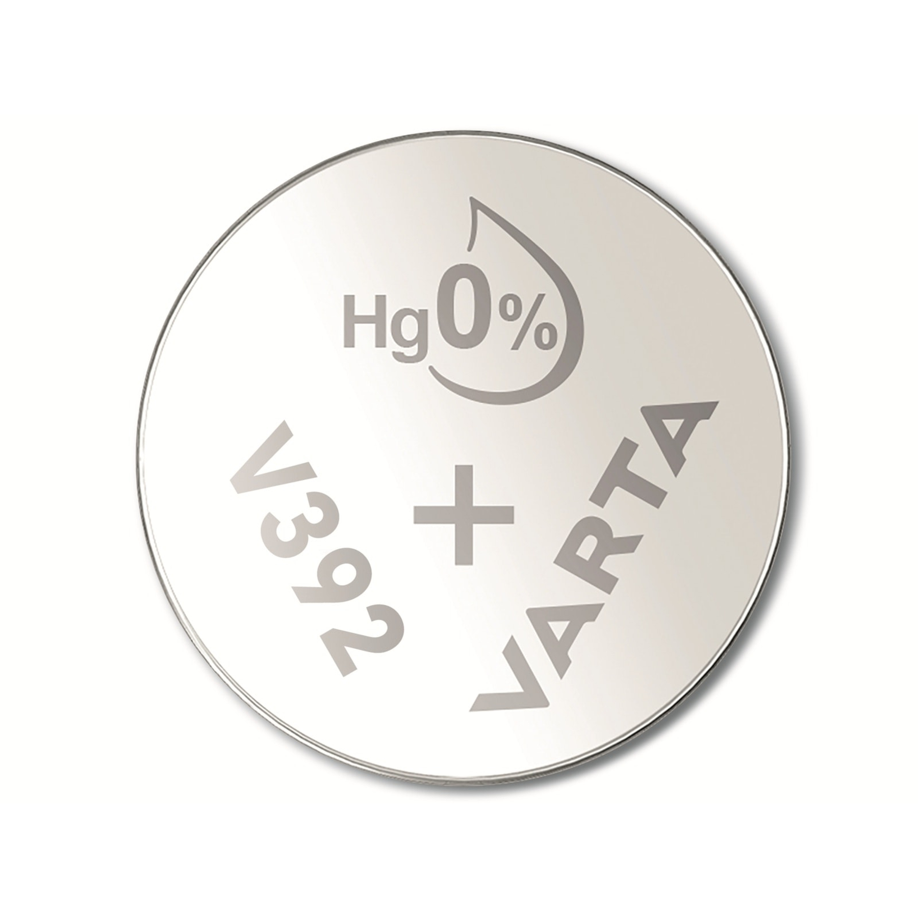 Runde Knopfzelle mit Aufdruck 'V392' und 'VARTA', silberner Rand. Hg0%-Symbol.
