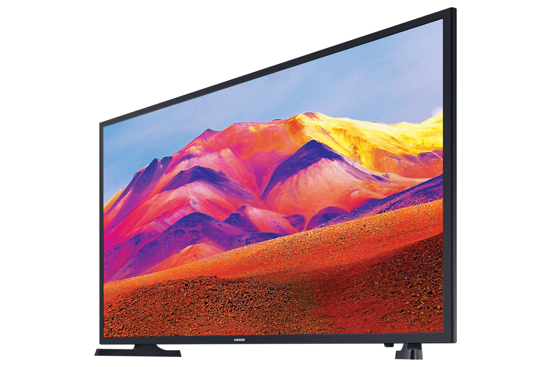 Una TV a schermo piatto di grandi dimensioni con un paesaggio colorato, su sfondo bianco.