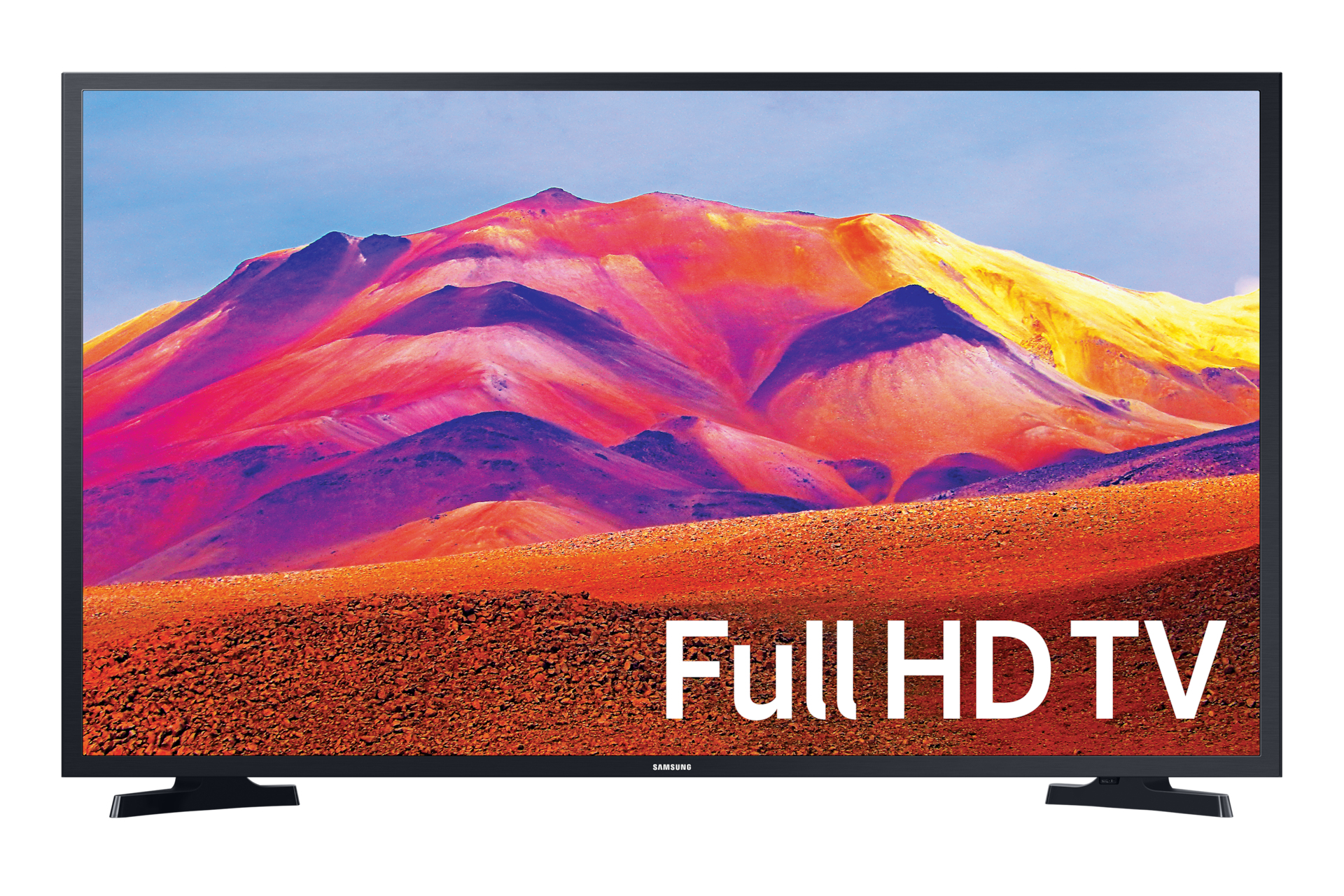 TV a schermo piatto che mostra un paesaggio colorato con le parole "Full HD TV" in basso.