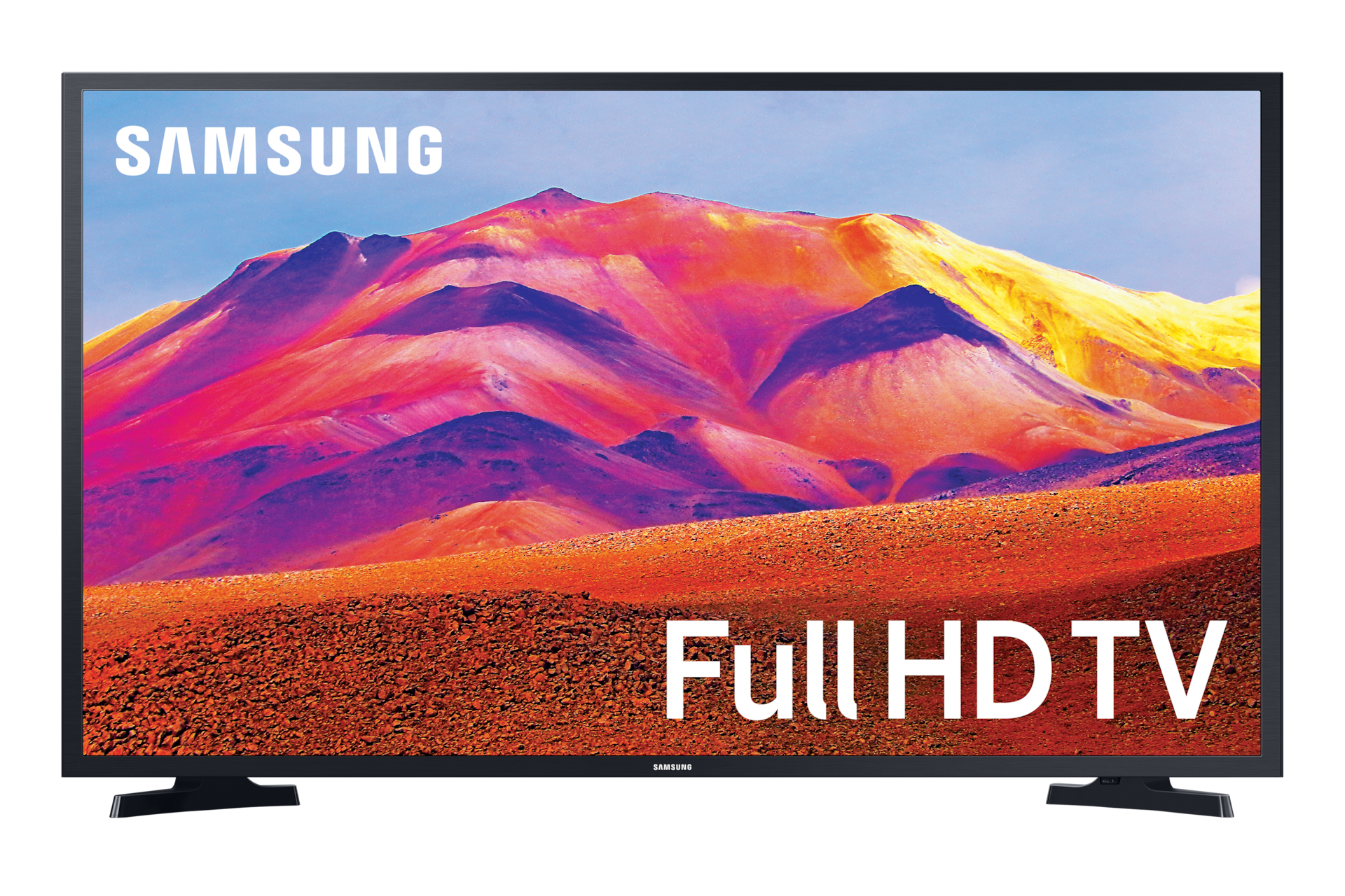 Un televisore Samsung che mostra un paesaggio montano colorato. Lo schermo mostra le parole "Full HD TV".