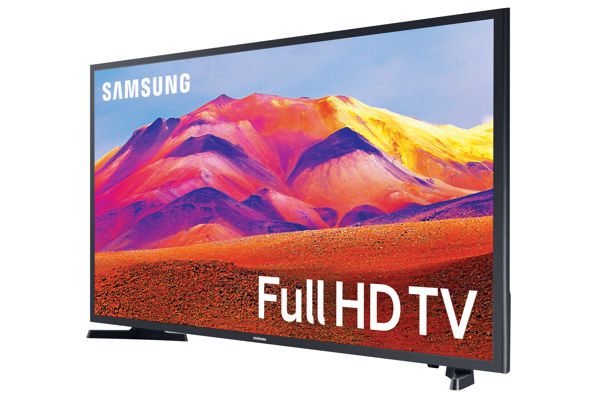 Un televisore Samsung Full HD. Lo schermo mostra un paesaggio colorato con testo Full HD TV.
