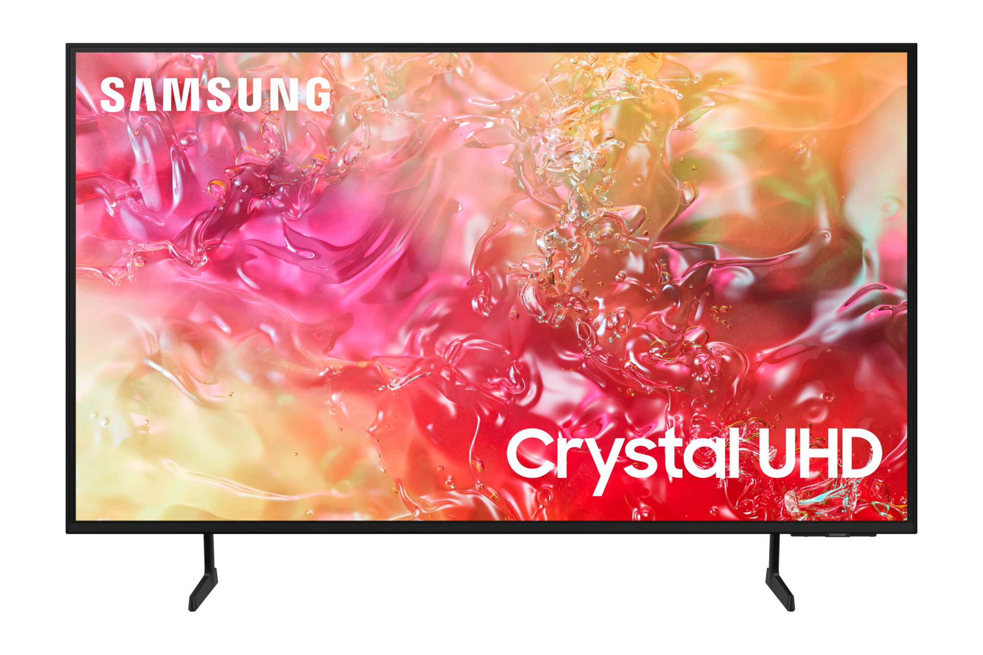 Telewizor Samsung Crystal UHD. Ekran wyświetla kolorowe abstrakcyjne tło.