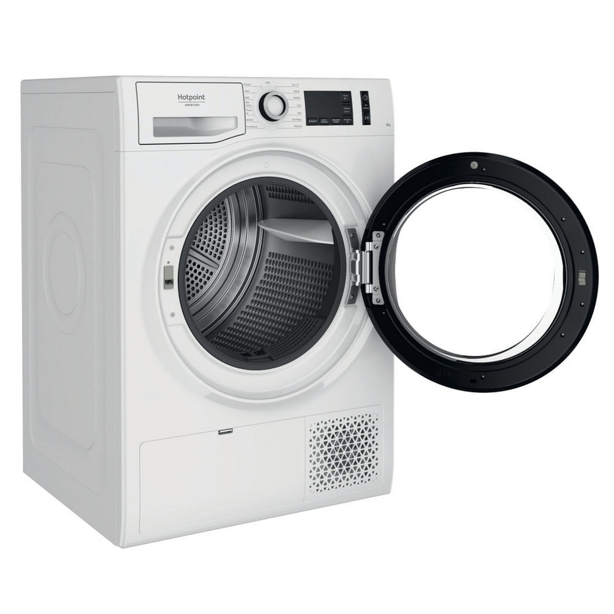Asciugatrice Hotpoint bianca con porta aperta, vista angolata.