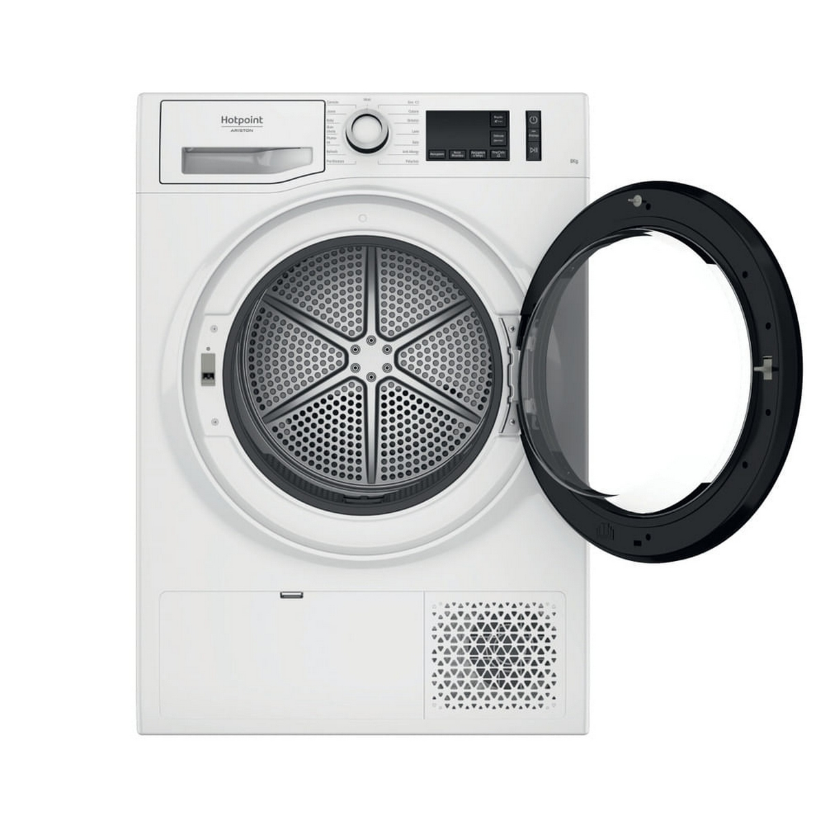 Asciugatrice Hotpoint bianca, porta aperta. Visibili tamburo e pannello comandi.