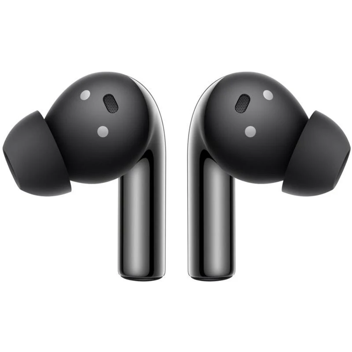 Due auricolari wireless neri. Gli auricolari sono in primo piano e angolati per uno scatto del prodotto.