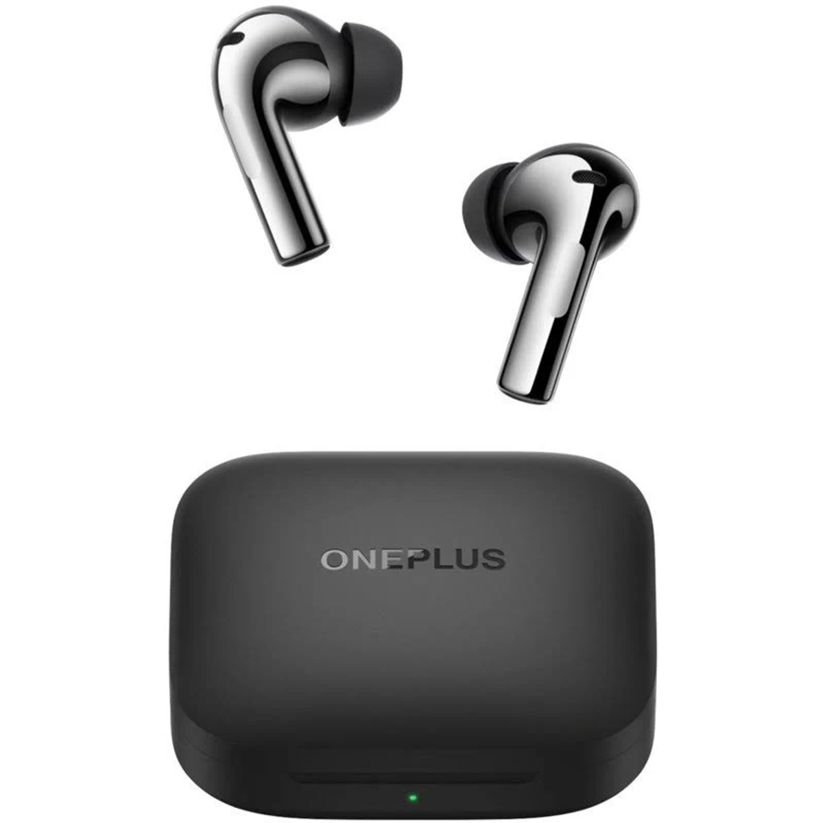 Due auricolari argentati con custodia di ricarica nera. La custodia ha il logo OnePlus.