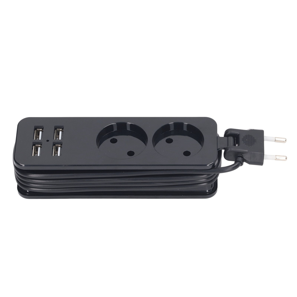 Schwarze Steckdosenleiste mit vier USB-Anschlüssen und zwei Steckdosen. Mit Stecker.