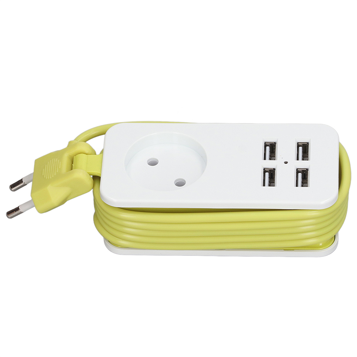Eine grüne und weiße Steckdosenleiste mit vier USB-Anschlüssen und einem Stecker. Es ist auf weißem Hintergrund.