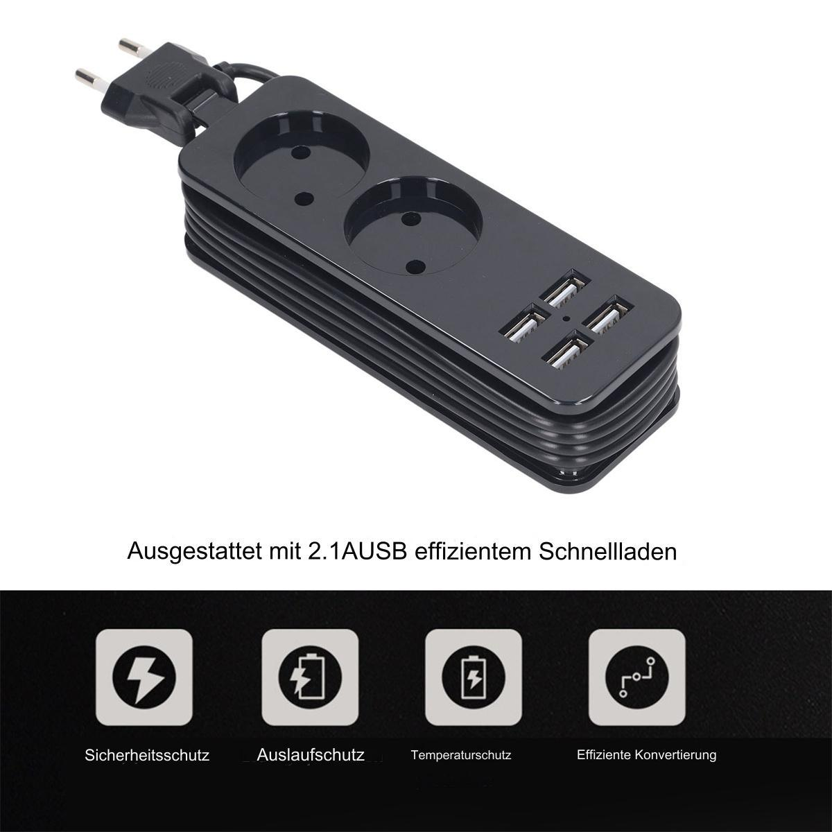 Schwarze Steckdosenleiste mit Steckdosen und USB-Anschlüssen. Symbole zeigen Sicherheitsmerkmale.