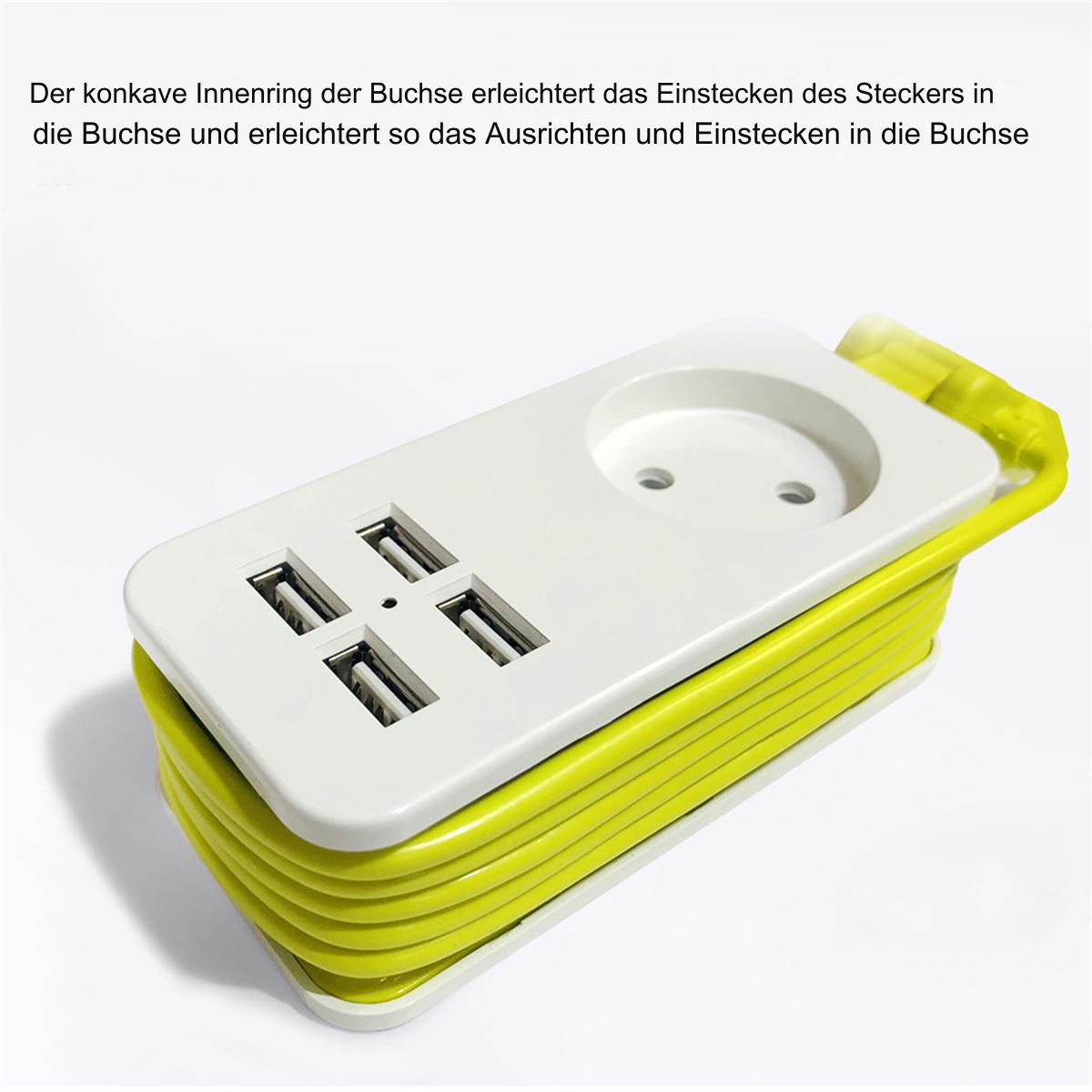Eine weiße Steckdosenleiste mit USB-Anschlüssen und einem gelben Kabel.