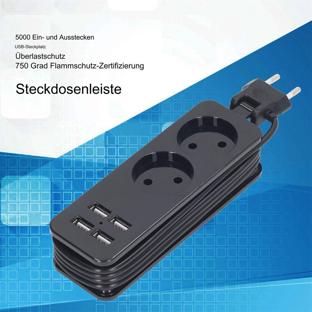 Schwarze Steckdosenleiste mit Steckdosen und USB-Anschlüssen, mit deutschem Text über Funktionen.