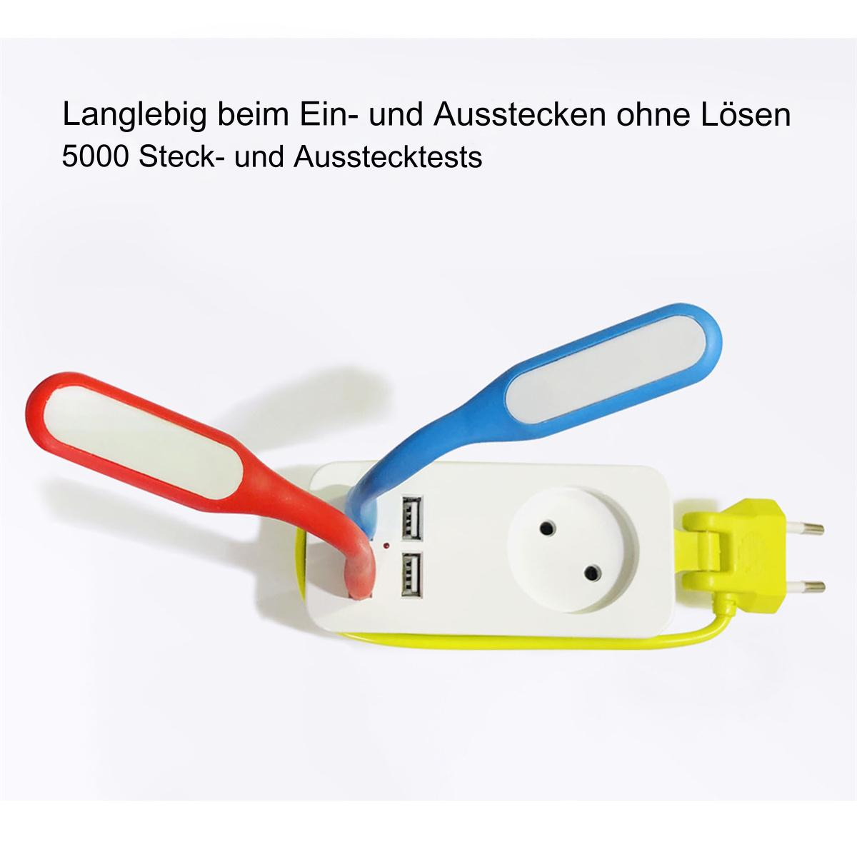 Eine weiße Steckdosenleiste mit zwei USB-Anschlüssen und zwei Lichtern, rot und blau.