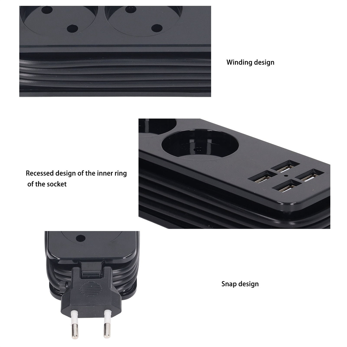 Schwarze Steckdosenleiste mit mehreren Steckdosen und USB-Anschlüssen, Nahaufnahmen.