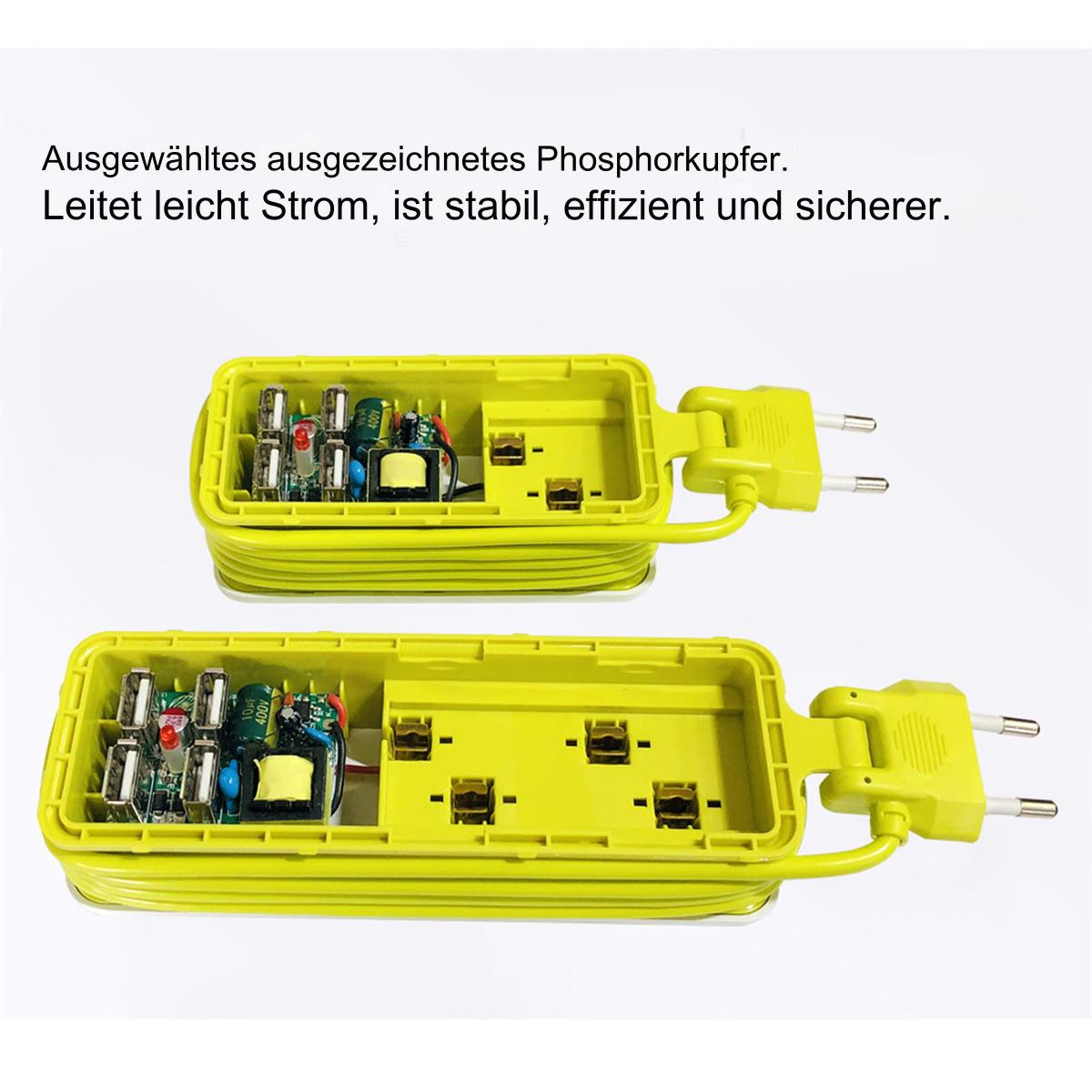 Zwei gelbe Netzadapter mit elektronischen Bauteilen, weißer Hintergrund. Text auf Deutsch.