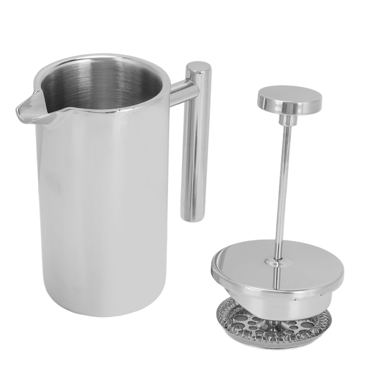 Französische Kaffeepresse aus Edelstahl. Ein Krug mit Griff und ein Stößel mit einem Netzfilter.