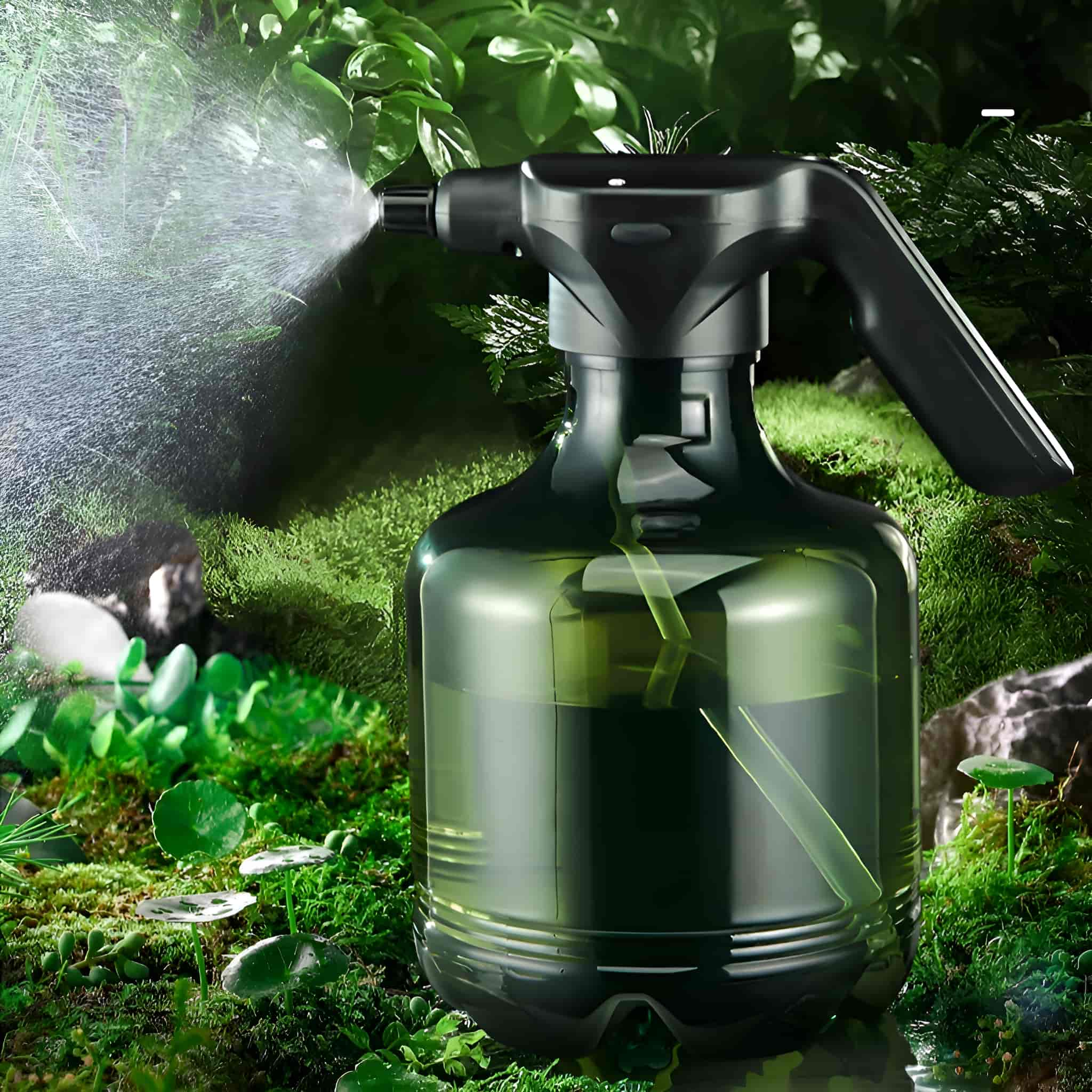 Grüne Sprühflasche, die Wasser sprüht. Grüner Pflanzenhintergrund. Schwarzer Griff und Düse.
