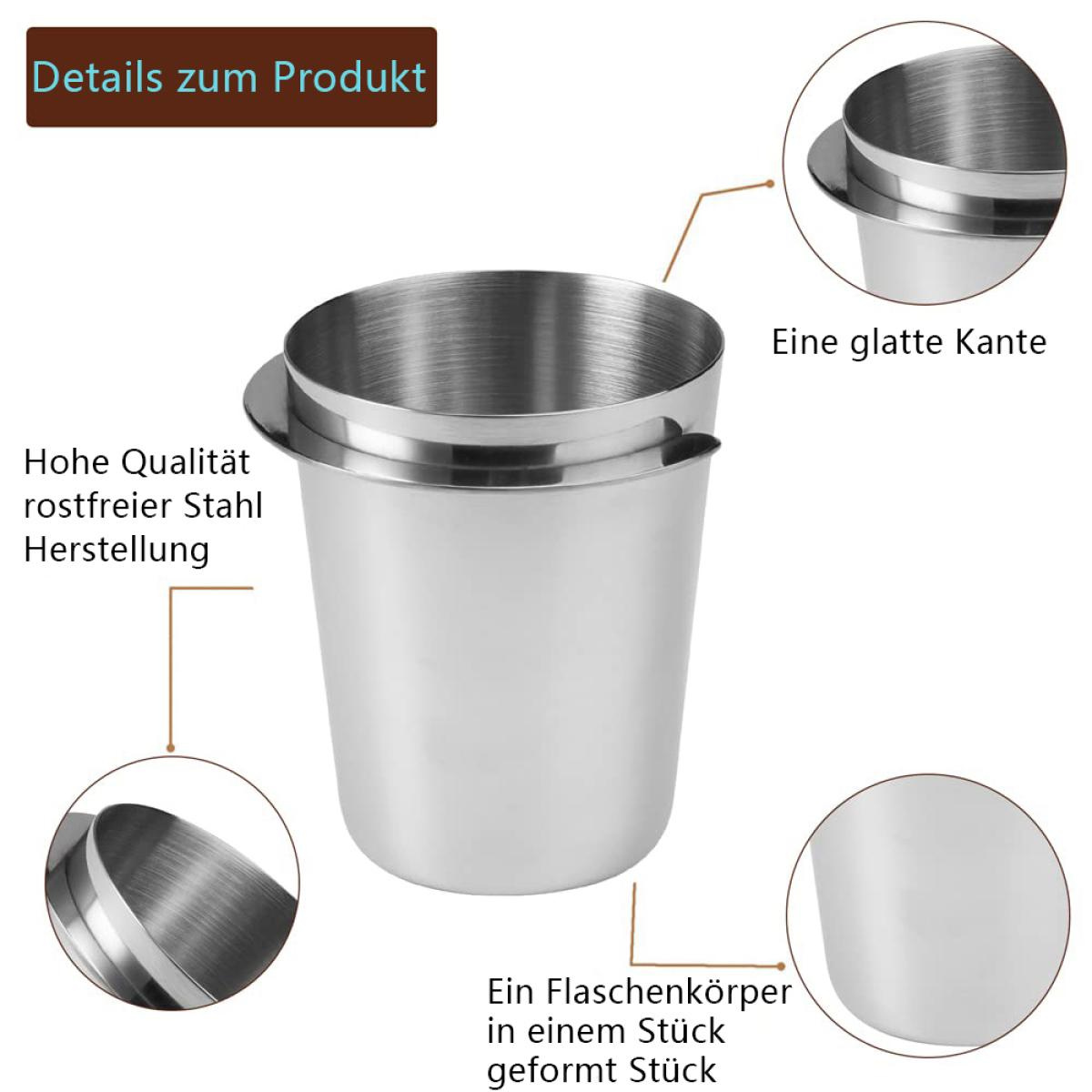 Nahaufnahme von Edelstahlbechern, einer im anderen, mit Textbeschriftungen.