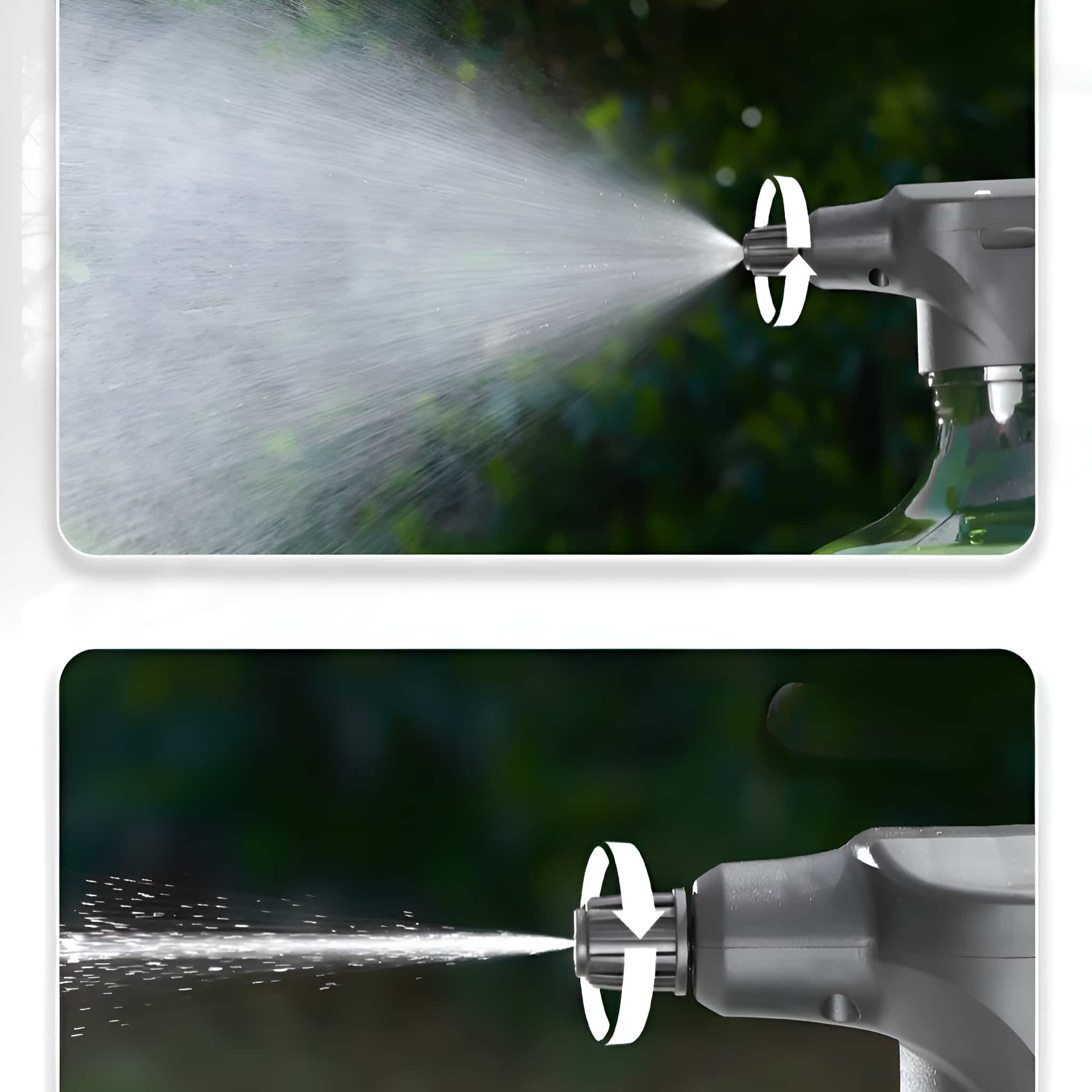 Eine graue Sprühflasche mit ausströmendem Wasser und eine Nahaufnahme der Düse. Der Hintergrund ist grün.