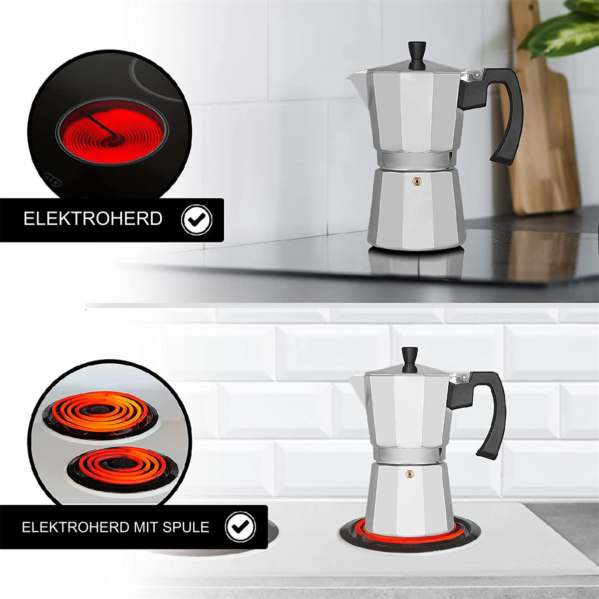 Zwei Bilder eines Espressokochers auf einem Elektroherd, mit verschiedenen Herdplatten.