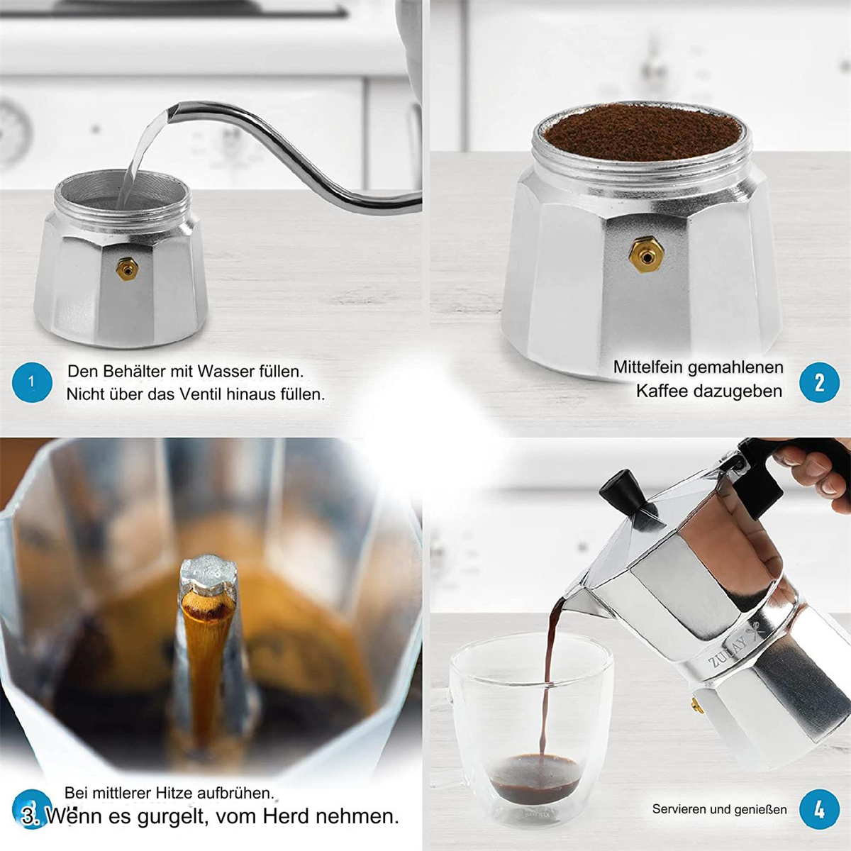Vier Bilder zeigen die Kaffeezubereitung. Wasser gießt, Kaffee zugegeben, brüht und gießt ins Glas.