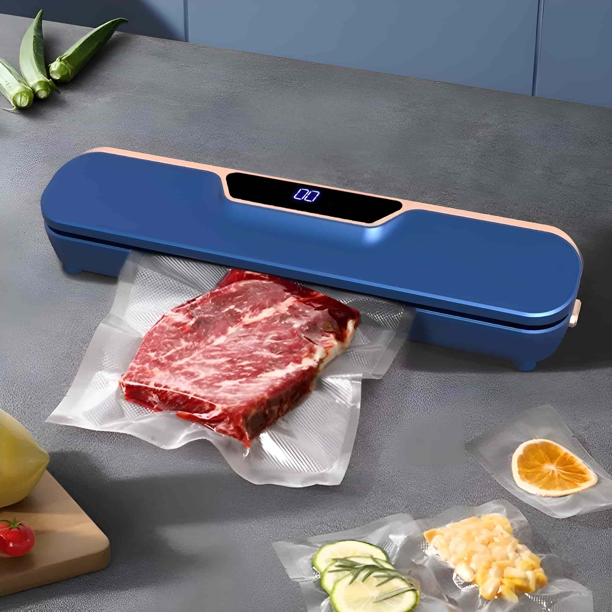 Blau-graues Vakuumiergerät mit rohem Steak und Gemüse in Plastiktüten auf Tisch.