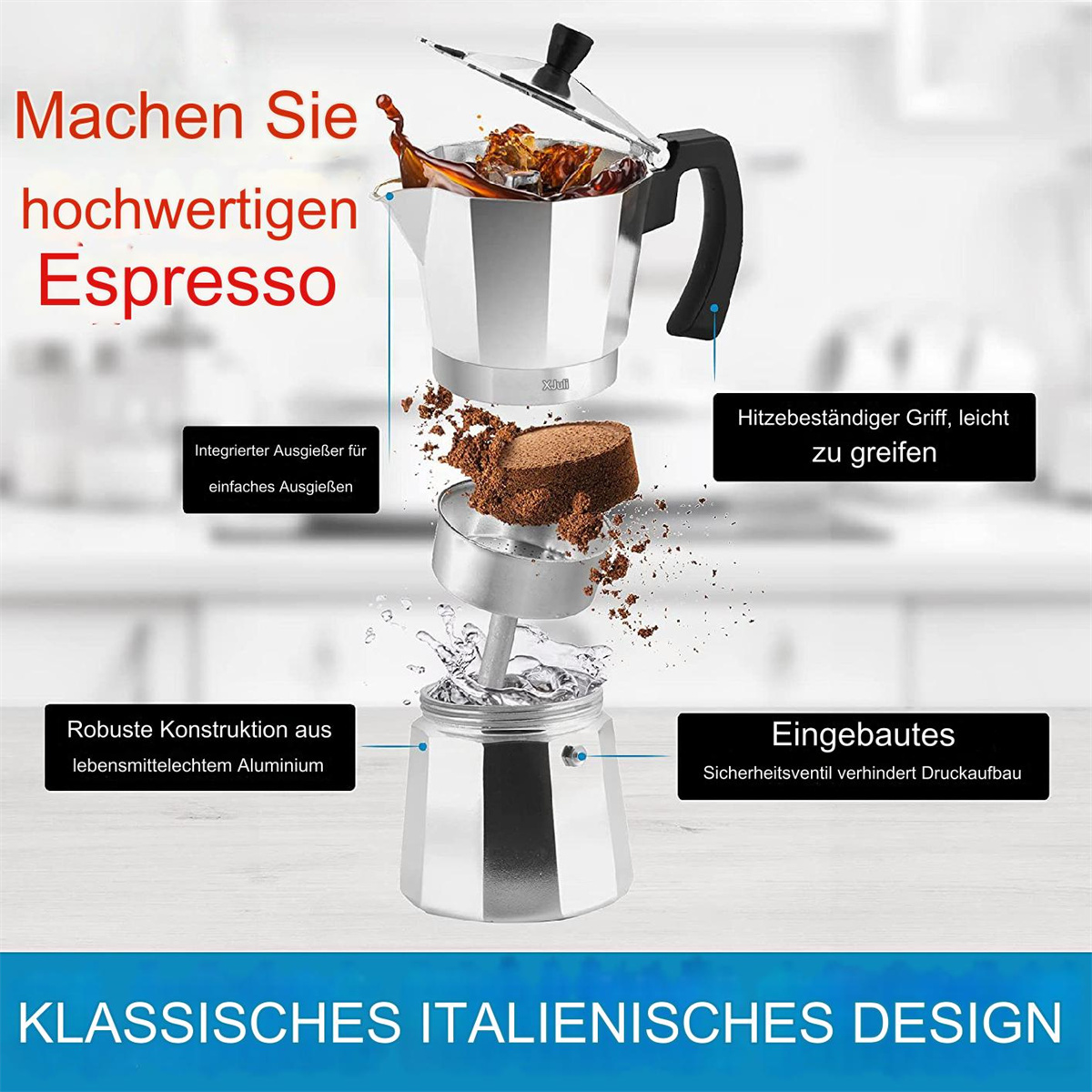 Silber-schwarzer italienischer Espressokocher mit Textüberlagerung. Weißer Hintergrund. Teile sind abgebildet.