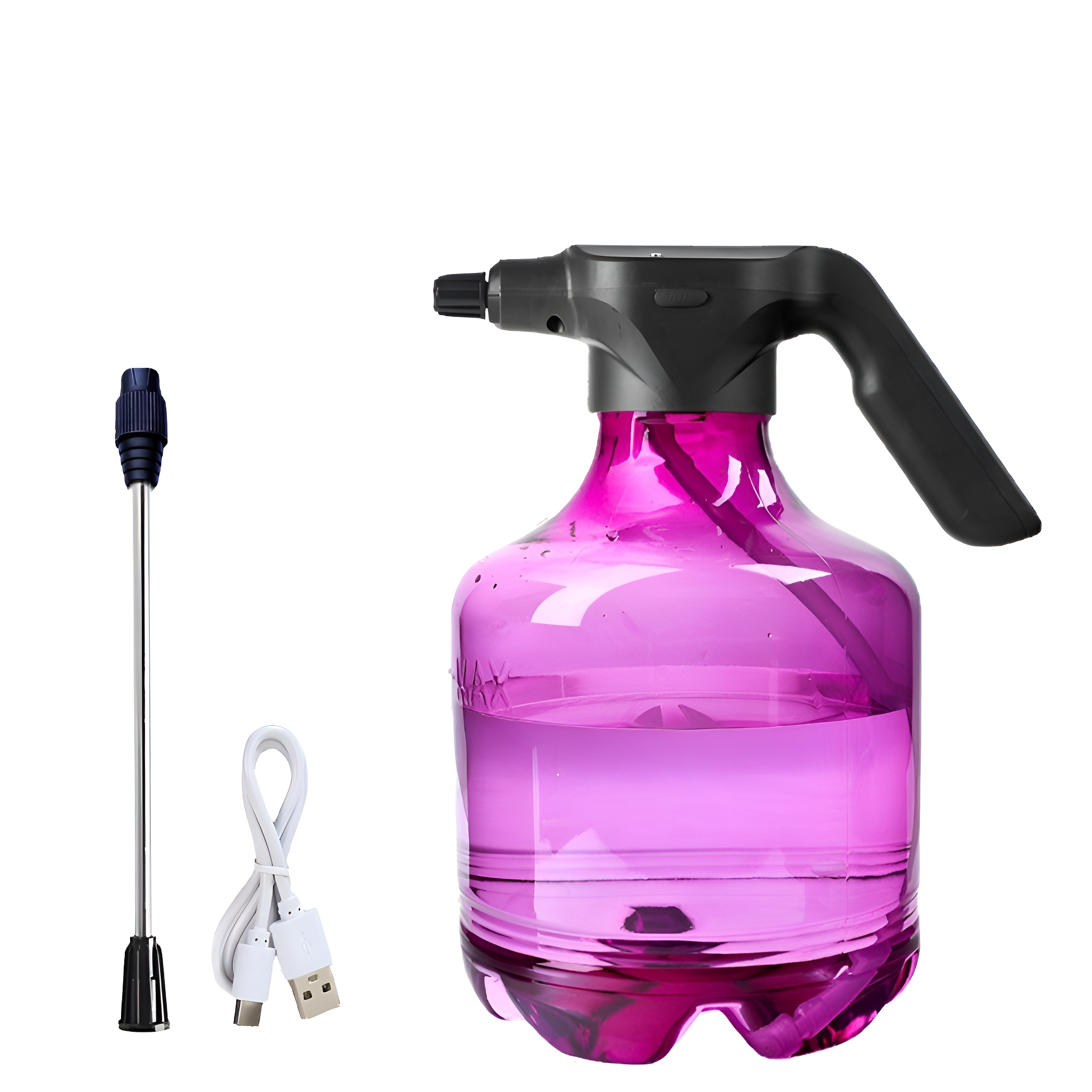 Rosa Wassersprühflasche mit schwarzem Griff und Düse. Weißer Hintergrund.