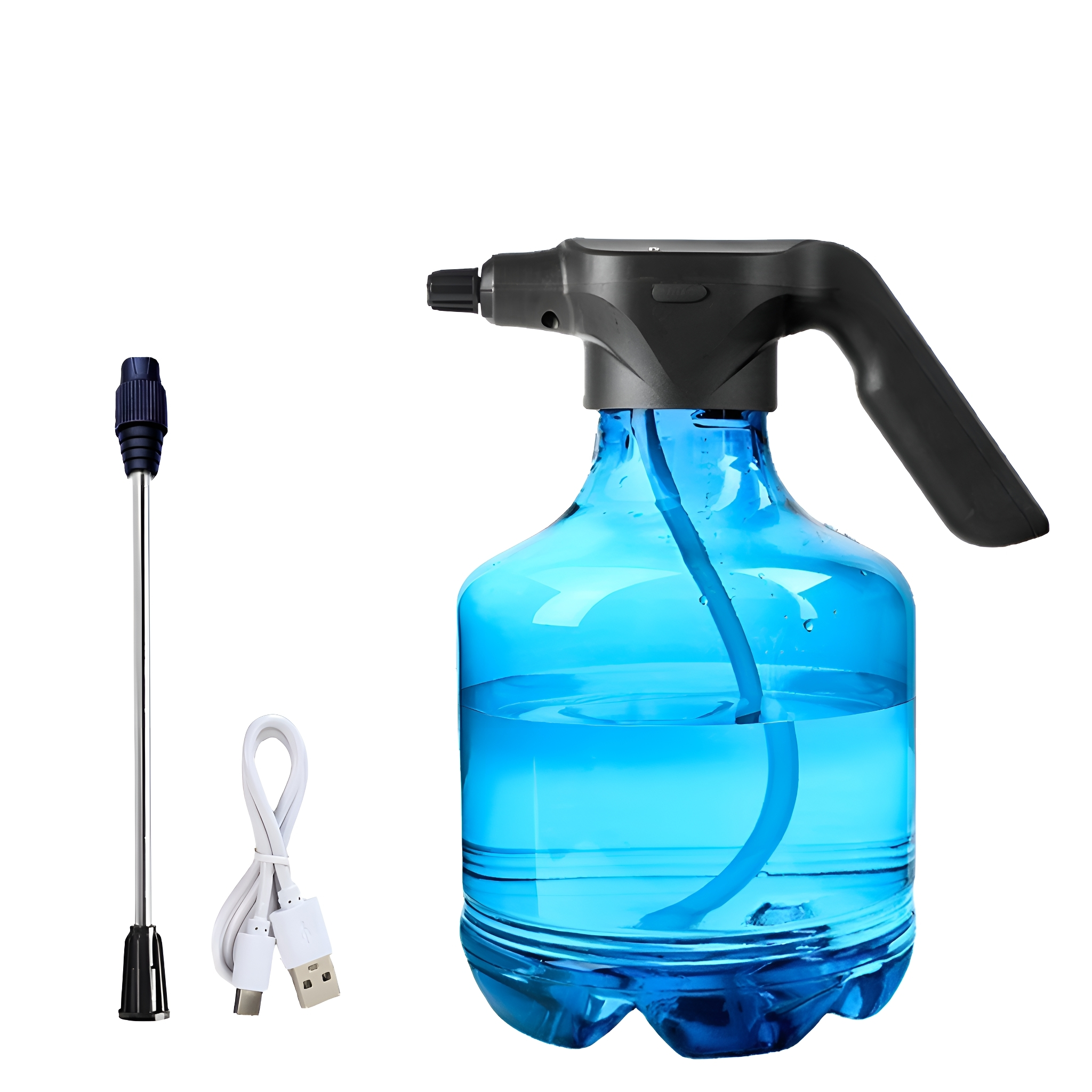 Blauer Wassersprüher mit Griff. Enthält eine Düse, ein Verlängerungsrohr und ein USB-Kabel.