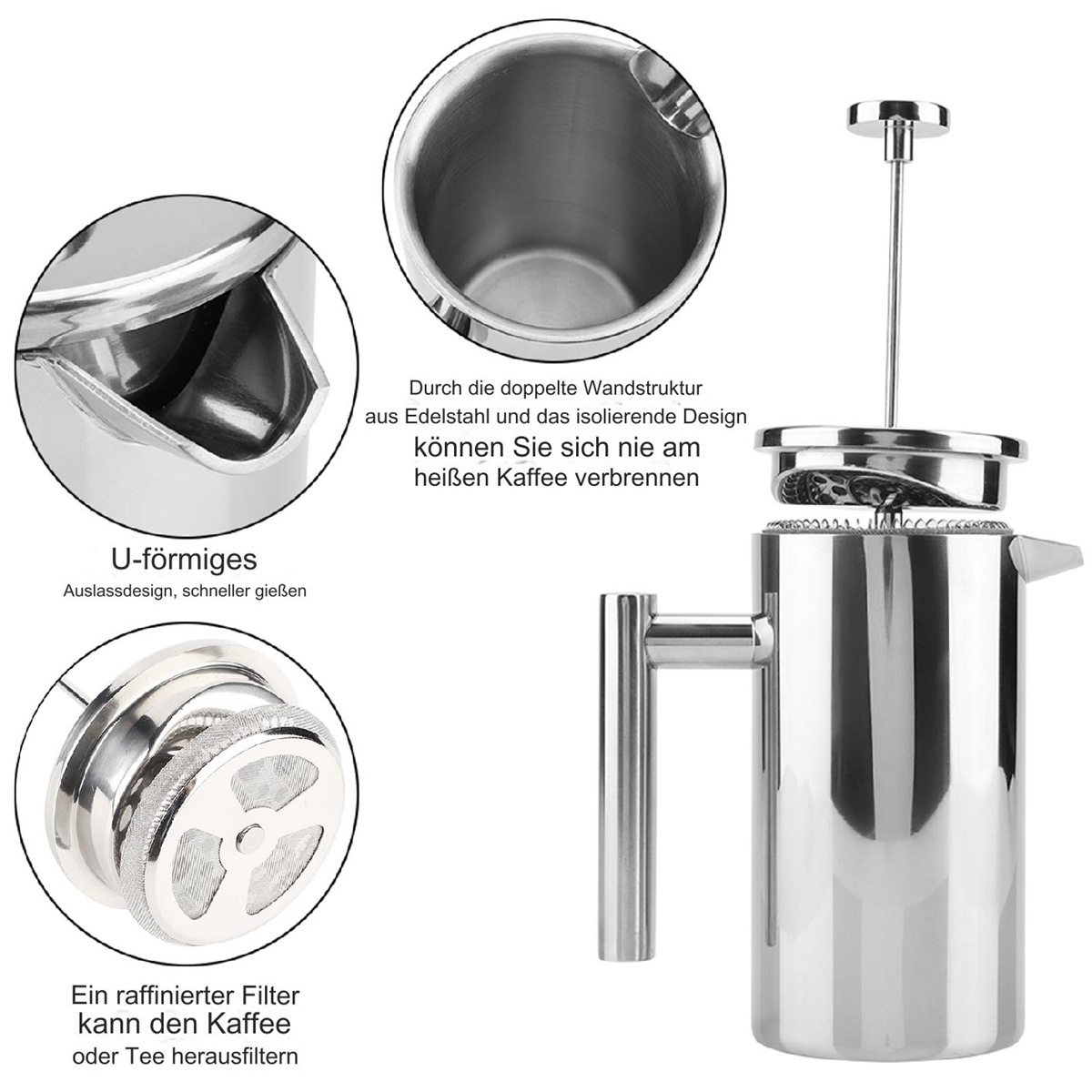 Eine französische Kaffeepresse aus Edelstahl. Das Bild zeigt Details des Filters und des Designs.