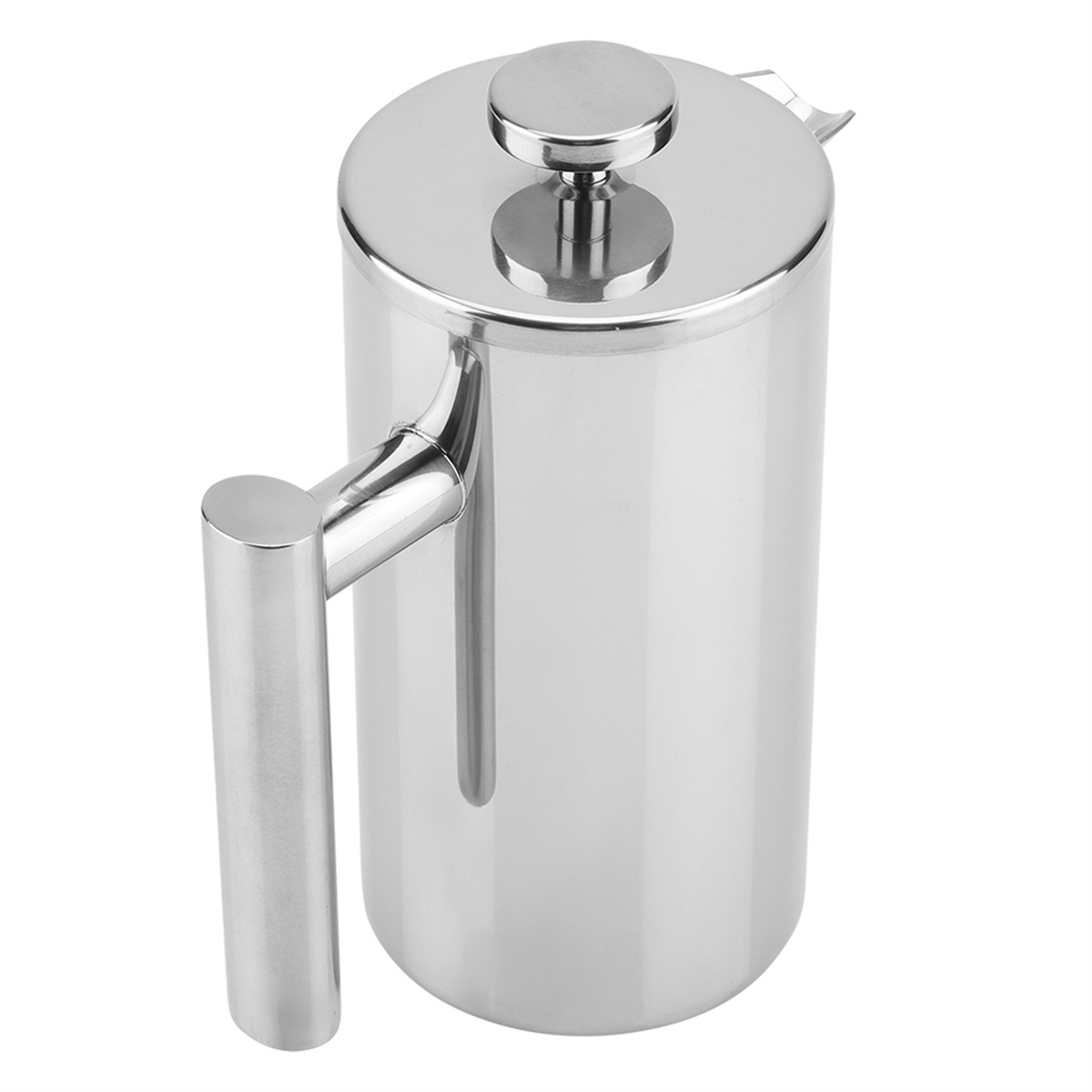 Kaffeebereiter aus Edelstahl. Silberner Deckel und Griff. Weißer Hintergrund.