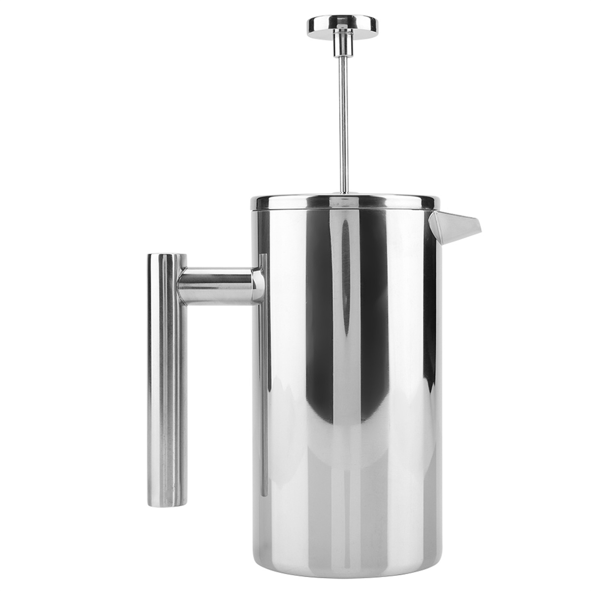 Silberfarbener French-Press-Kaffeebereiter mit Griff und Ausguss, auf weißem Hintergrund.