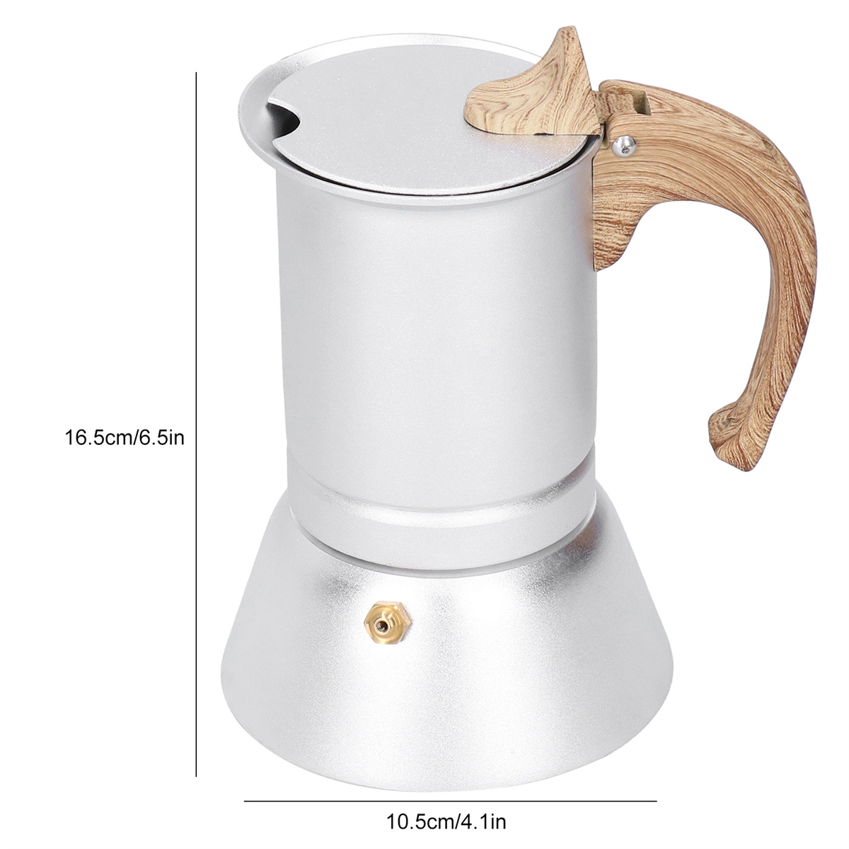 Silberner Kaffeebereiter mit Holzgriff und Messungen. Der Griff ist aus Holz. Weißer Hintergrund.