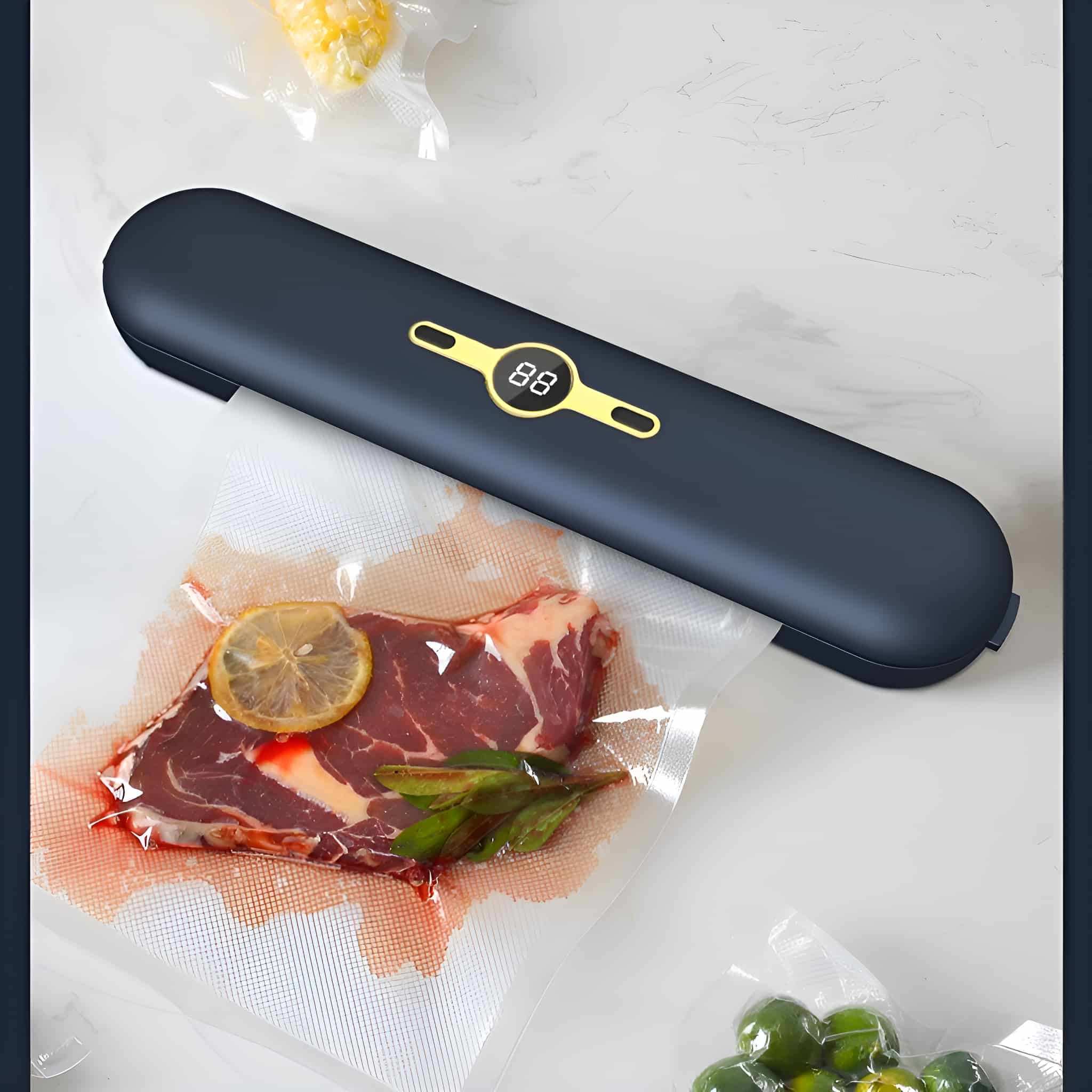Ein Vakuumiergerät mit Fleisch und Zitronenscheiben in einem Plastikbeutel. Andere Beutel.